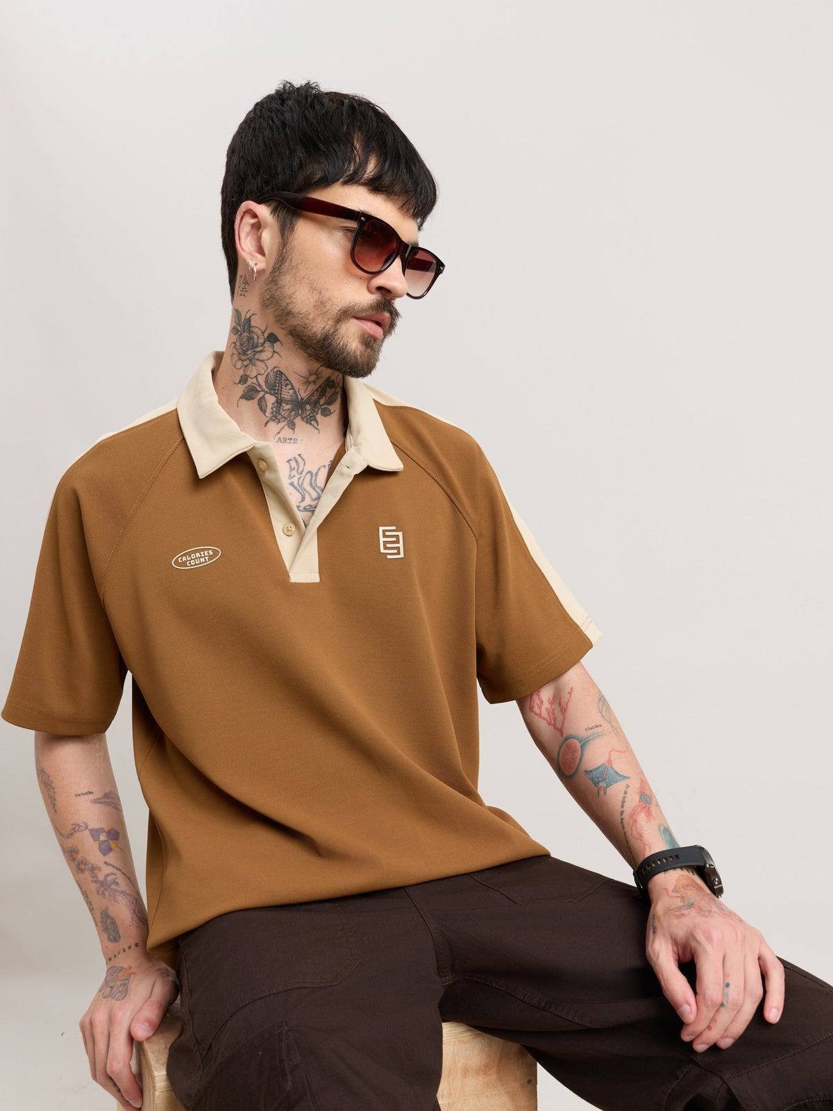 Xomis - Relaxed Fit Printed Polo T-Shirt - Brown - Espanshe