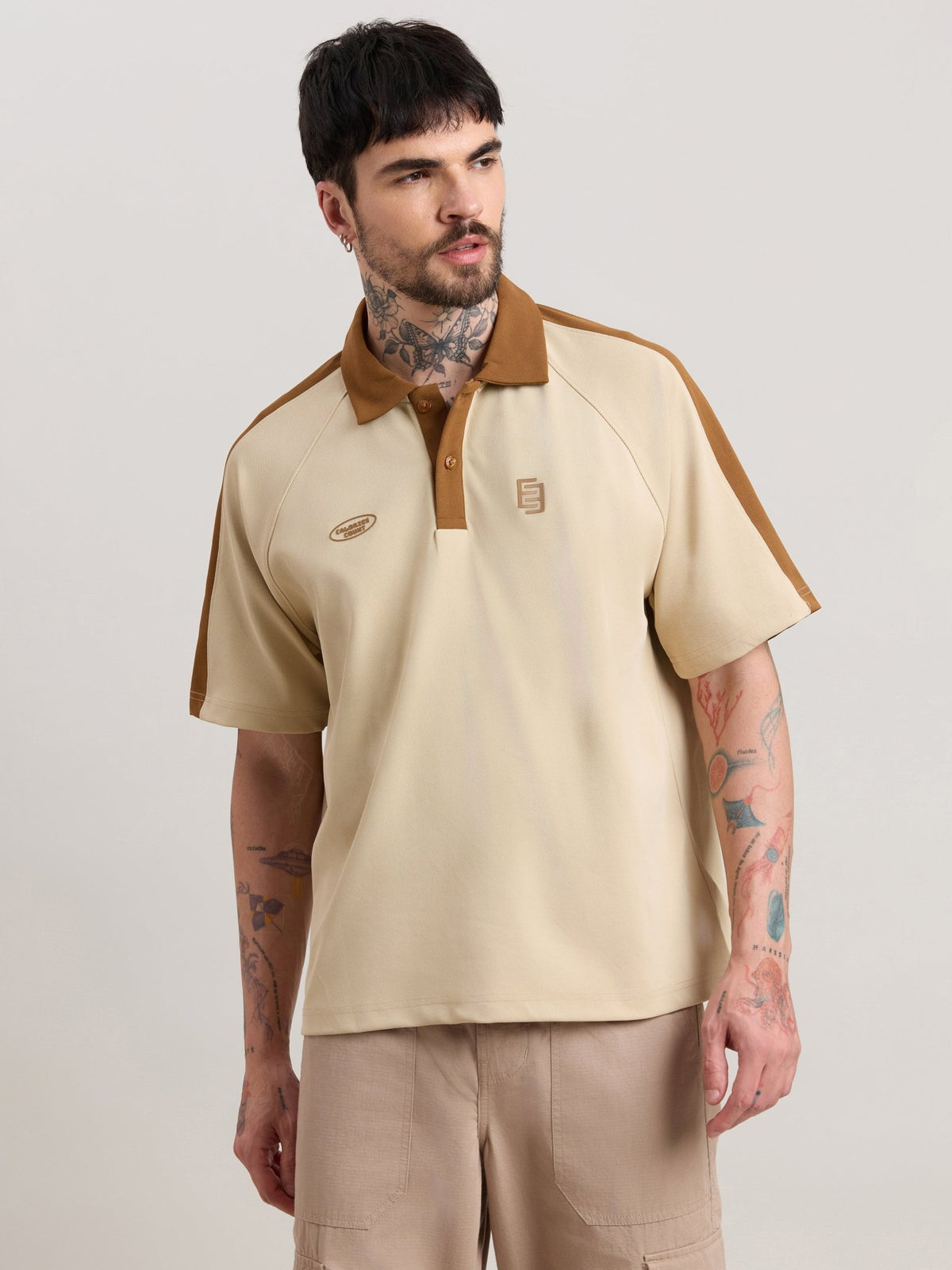 Xomis - Relaxed Fit Printed Polo T-Shirt - Beige - Espanshe