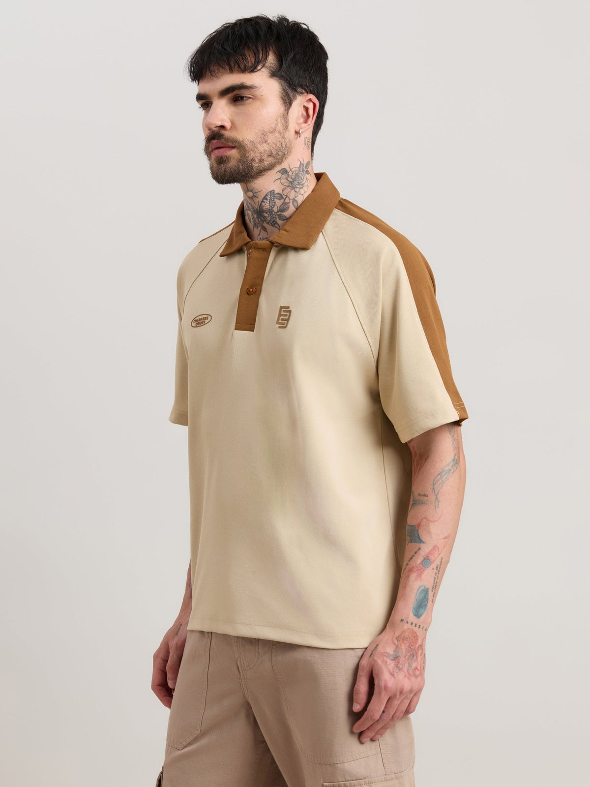 Xomis - Relaxed Fit Printed Polo T-Shirt - Beige - Espanshe