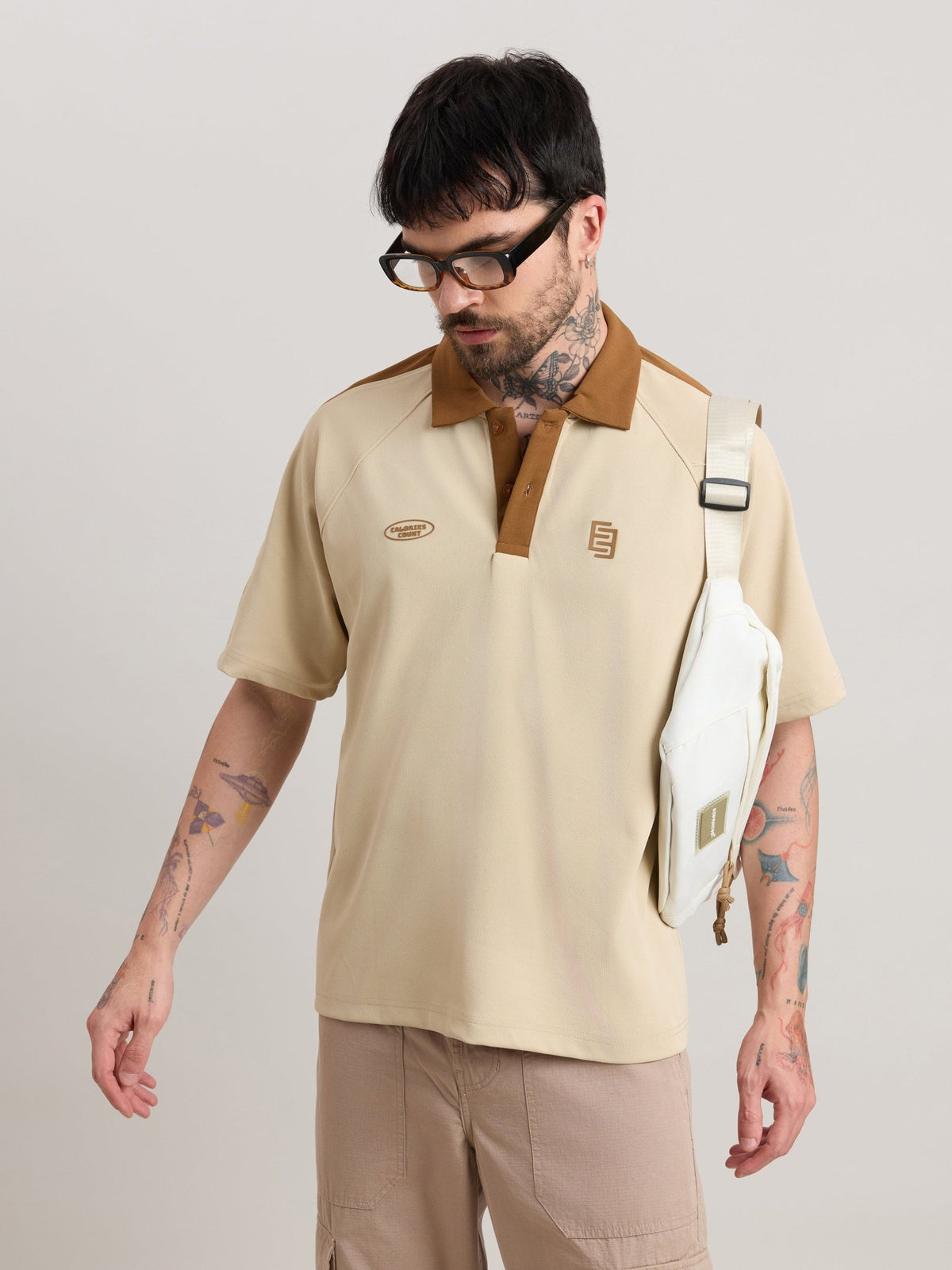 Xomis - Relaxed Fit Printed Polo T-Shirt - Beige - Espanshe