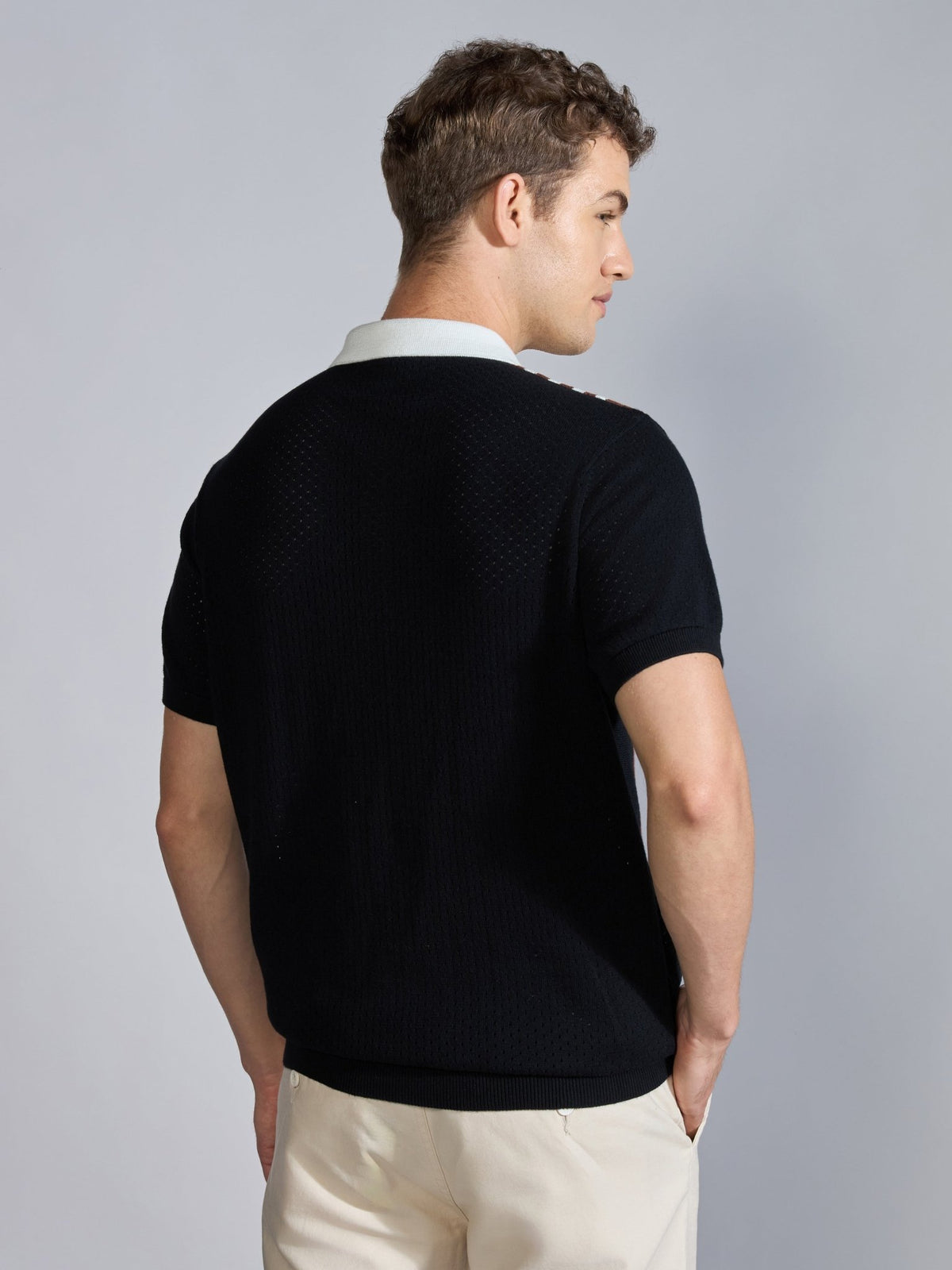 Kikeos-6 - Regular Fit Half Zip Stripe Knit Polo T-Shirt - Black - Espanshe