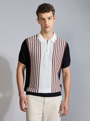 Men's  Regular Fit Half Zip Stripe Knit Polo T-Shirt in black