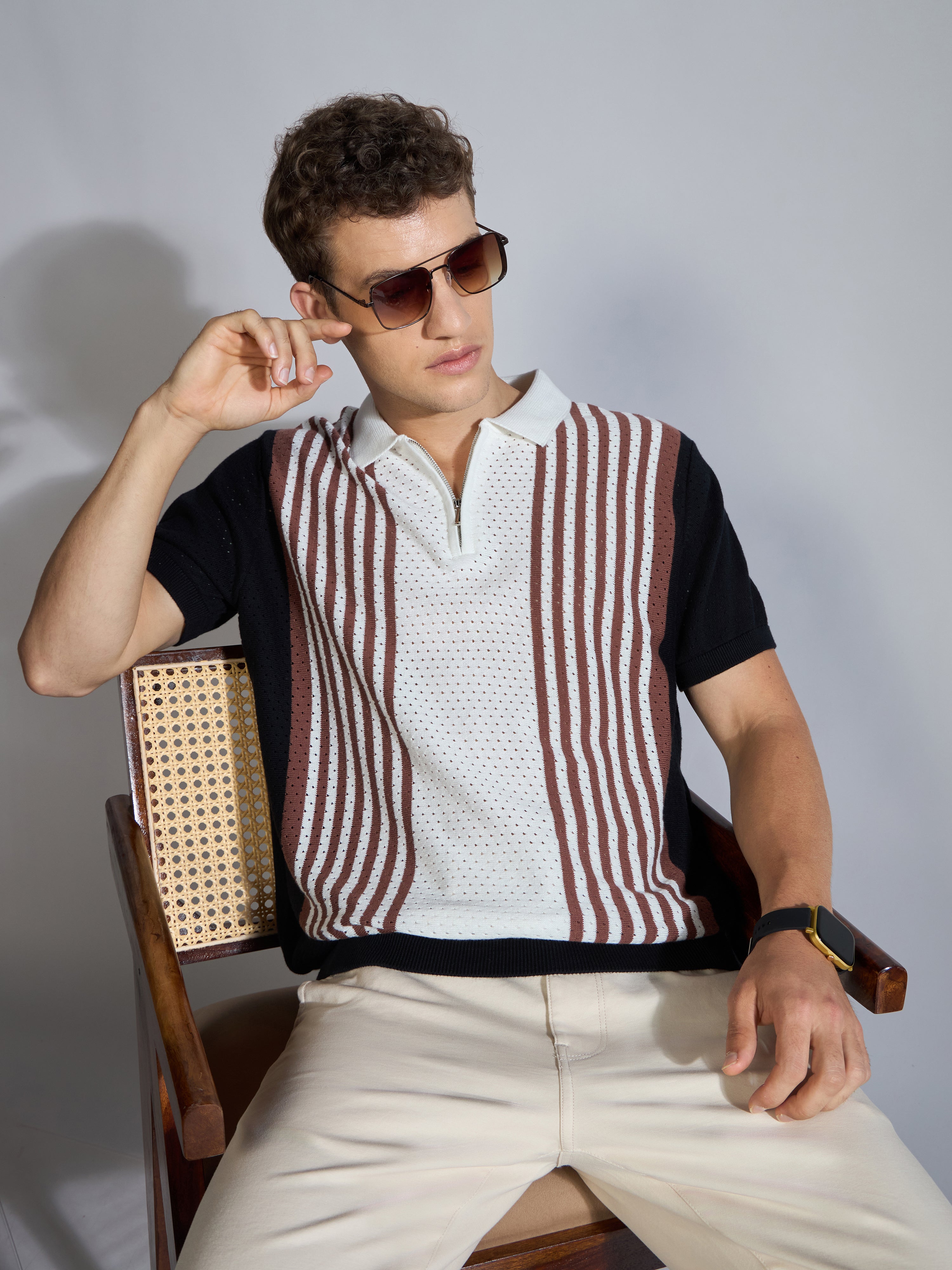 Men's  Regular Fit Half Zip Stripe Knit Polo T-Shirt in black