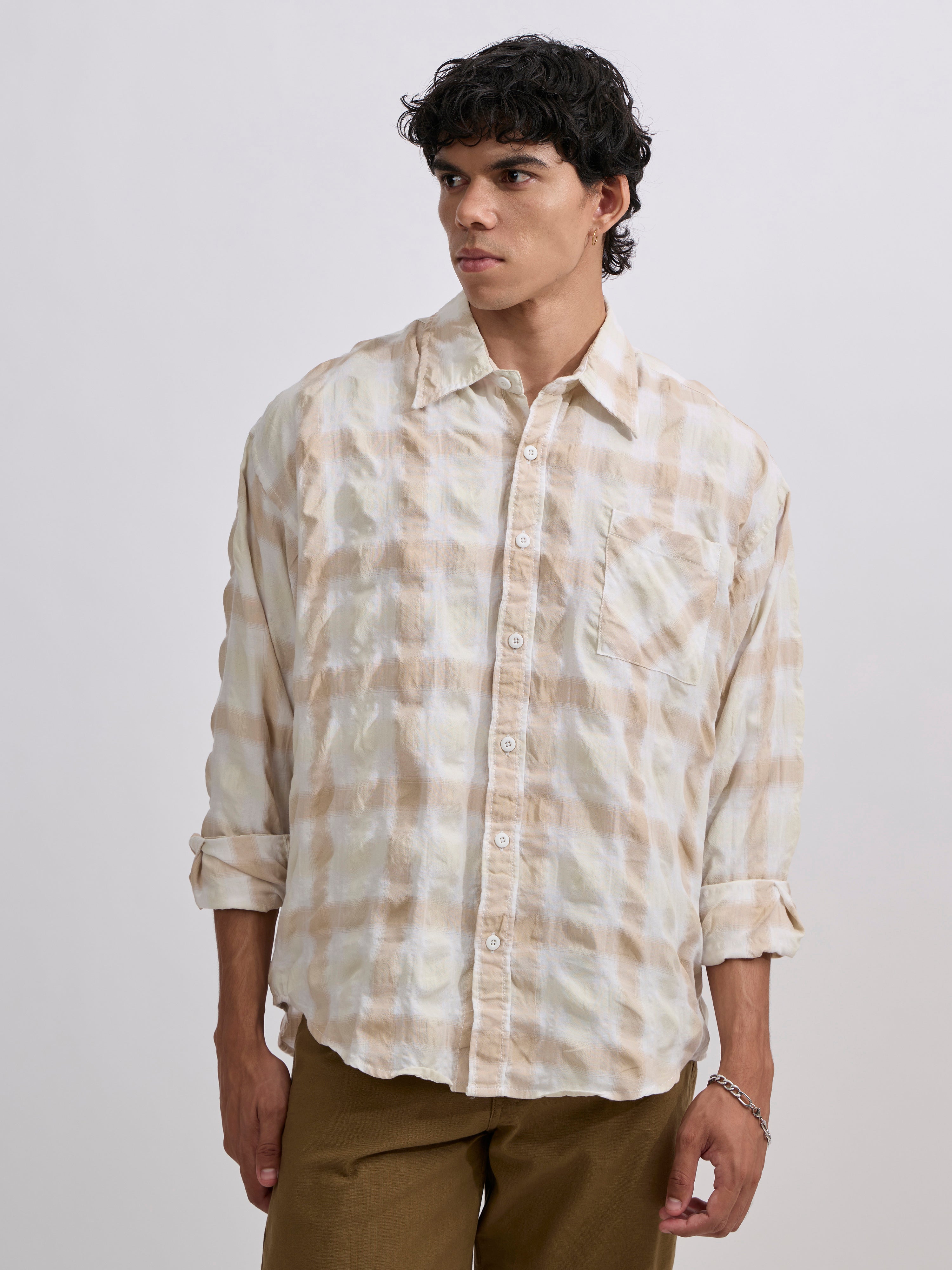 Men's Pulse Tee - Checks Shirt in light beige color