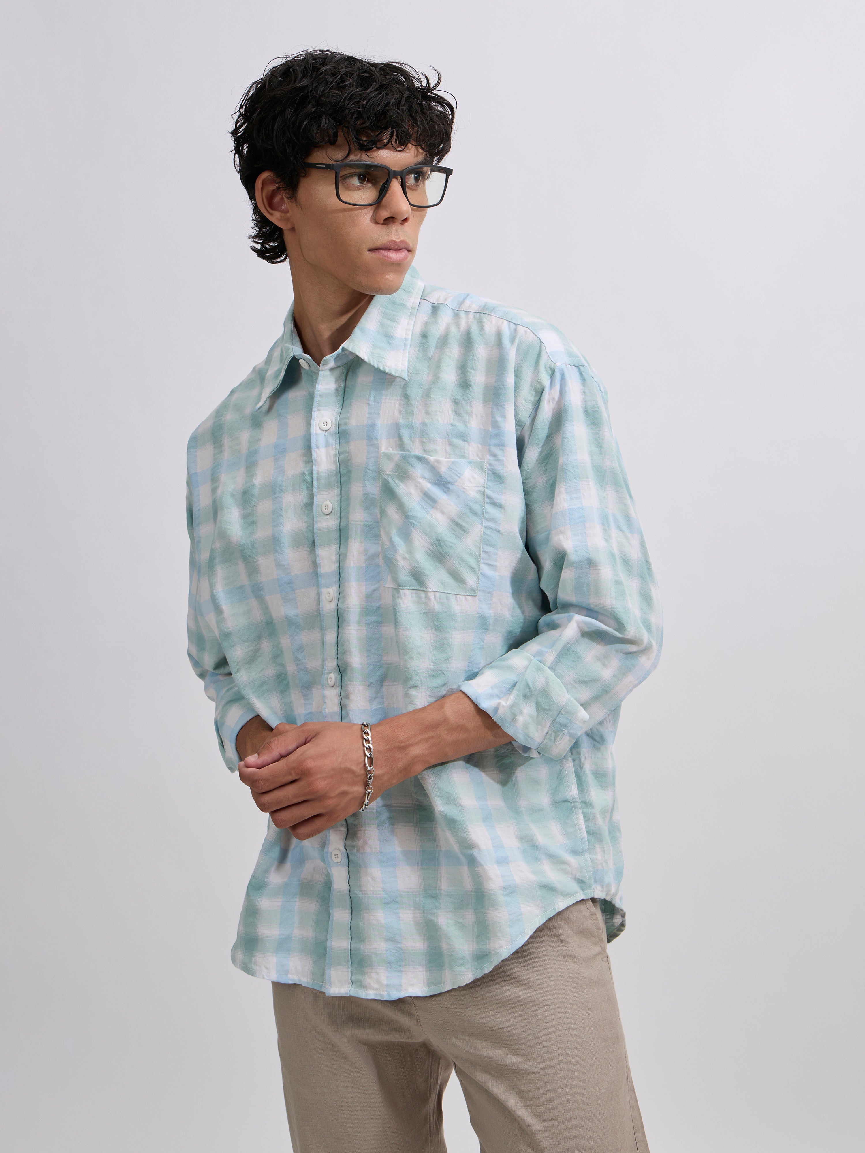  Men's Pulse Tee - Checks Shirt in mint blue color