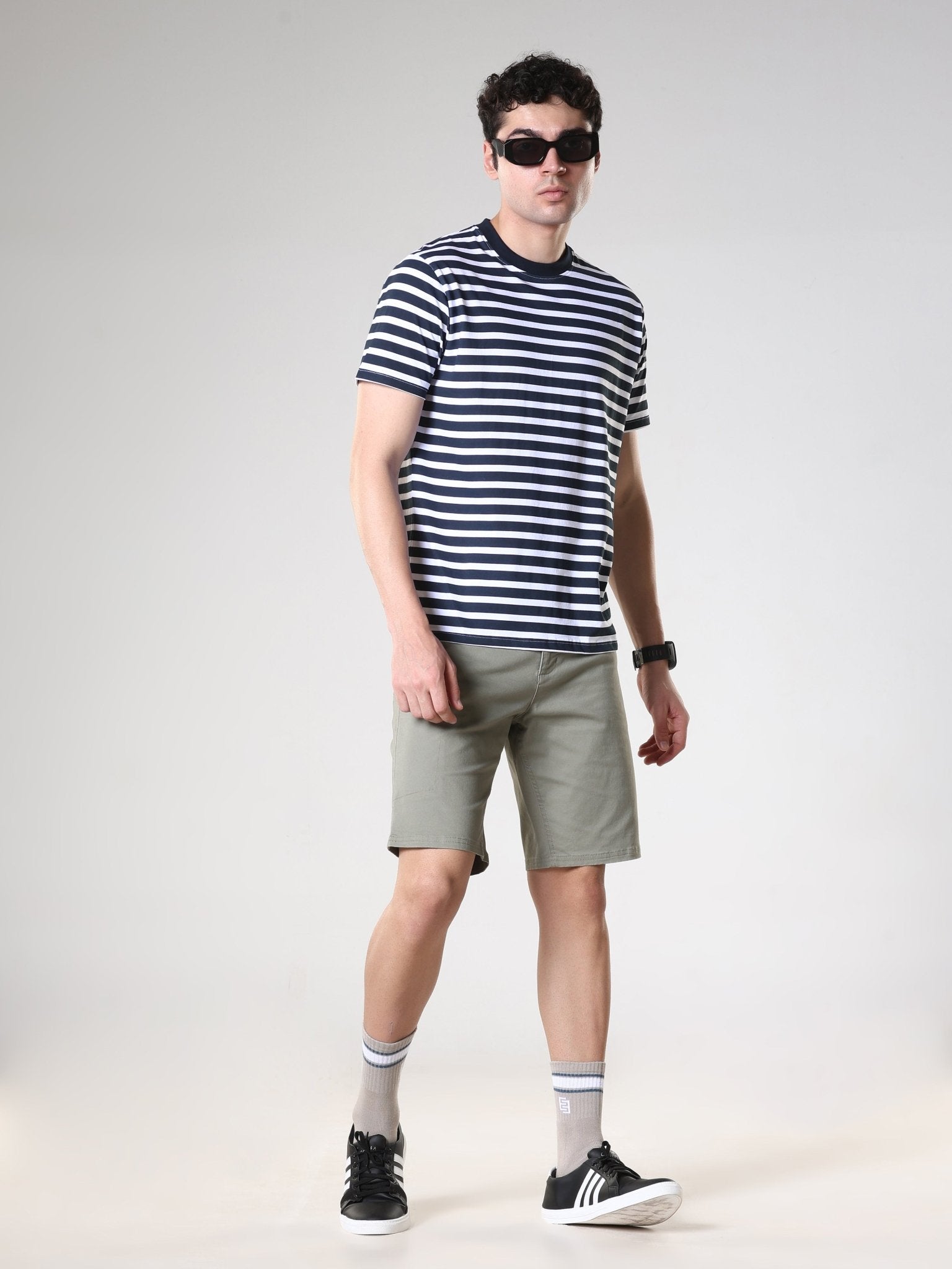 Striped Round Neck T-Shirt- Navy Blue - Espanshe