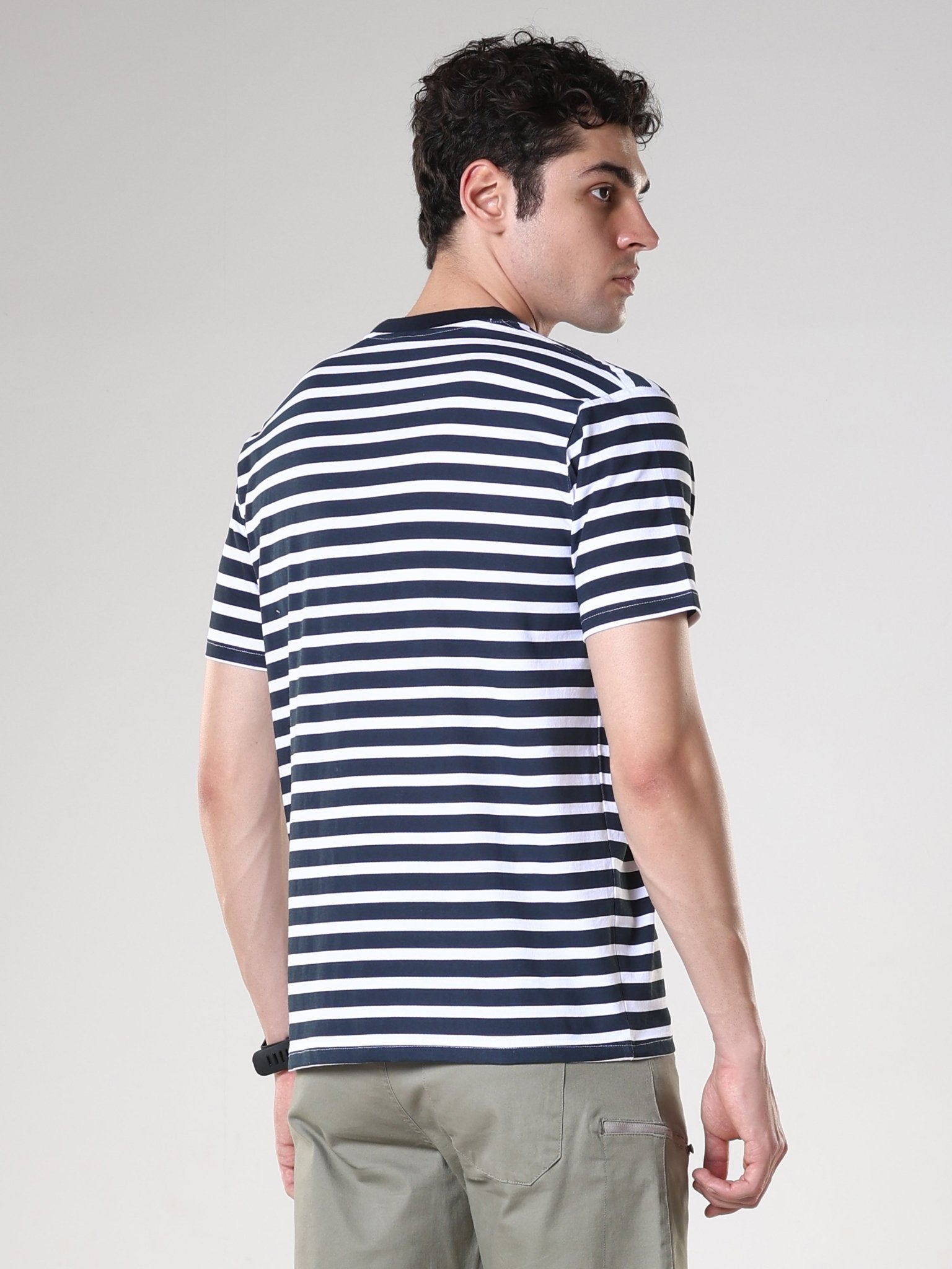Striped Round Neck T-Shirt- Navy Blue - Espanshe