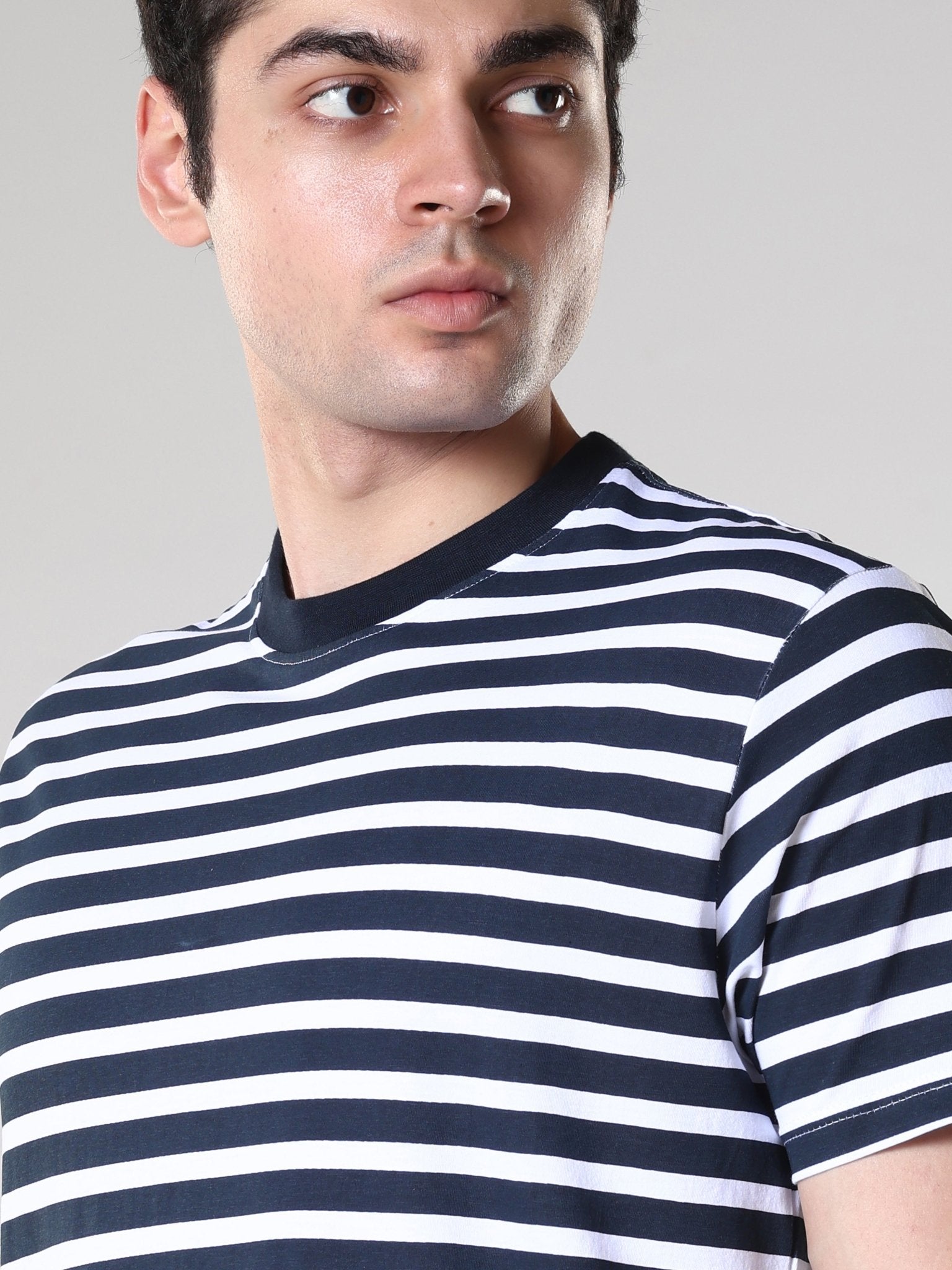 Striped Round Neck T-Shirt- Navy Blue - Espanshe