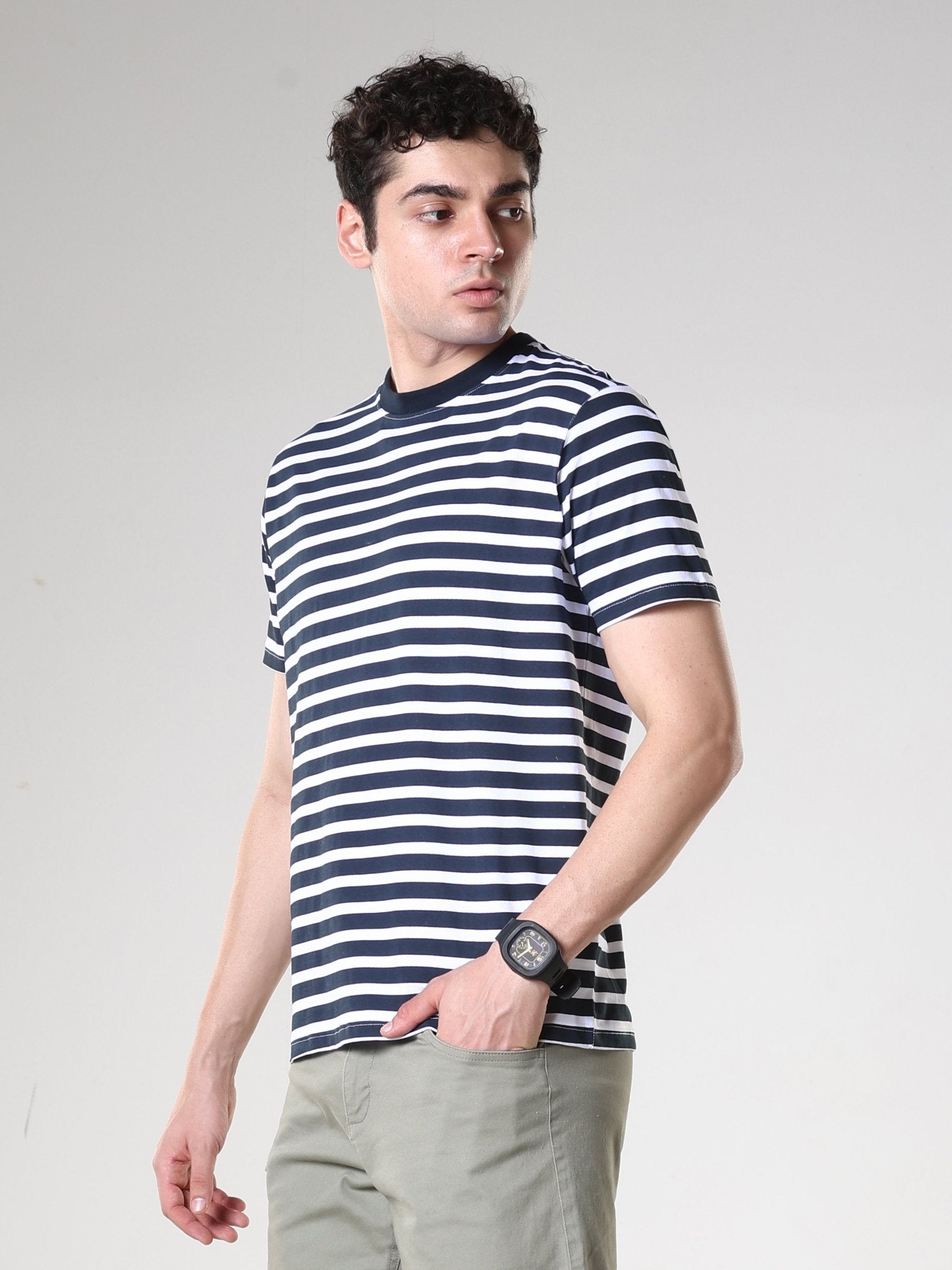 Striped Round Neck T-Shirt- Navy Blue - Espanshe