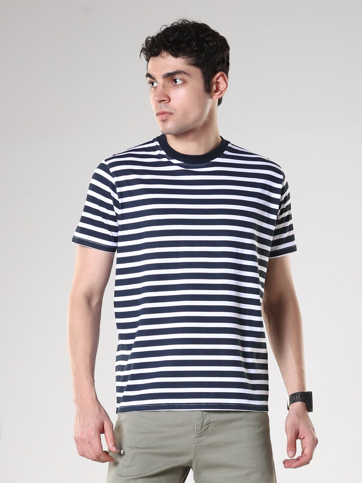 Striped Round Neck T-Shirt- Navy Blue - Espanshe