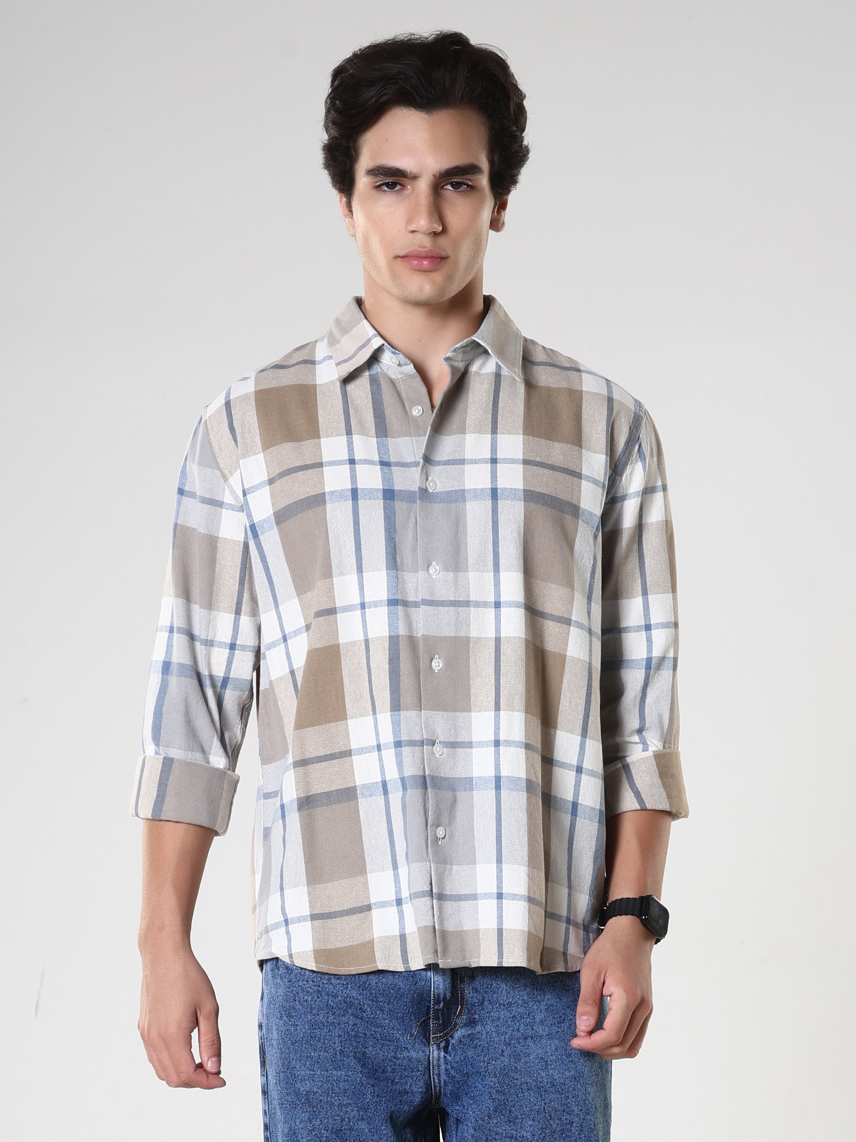 Men's casual brown and blue checkered cotton shirt with full sleeves, relaxed fit – paired with blue denim jeans