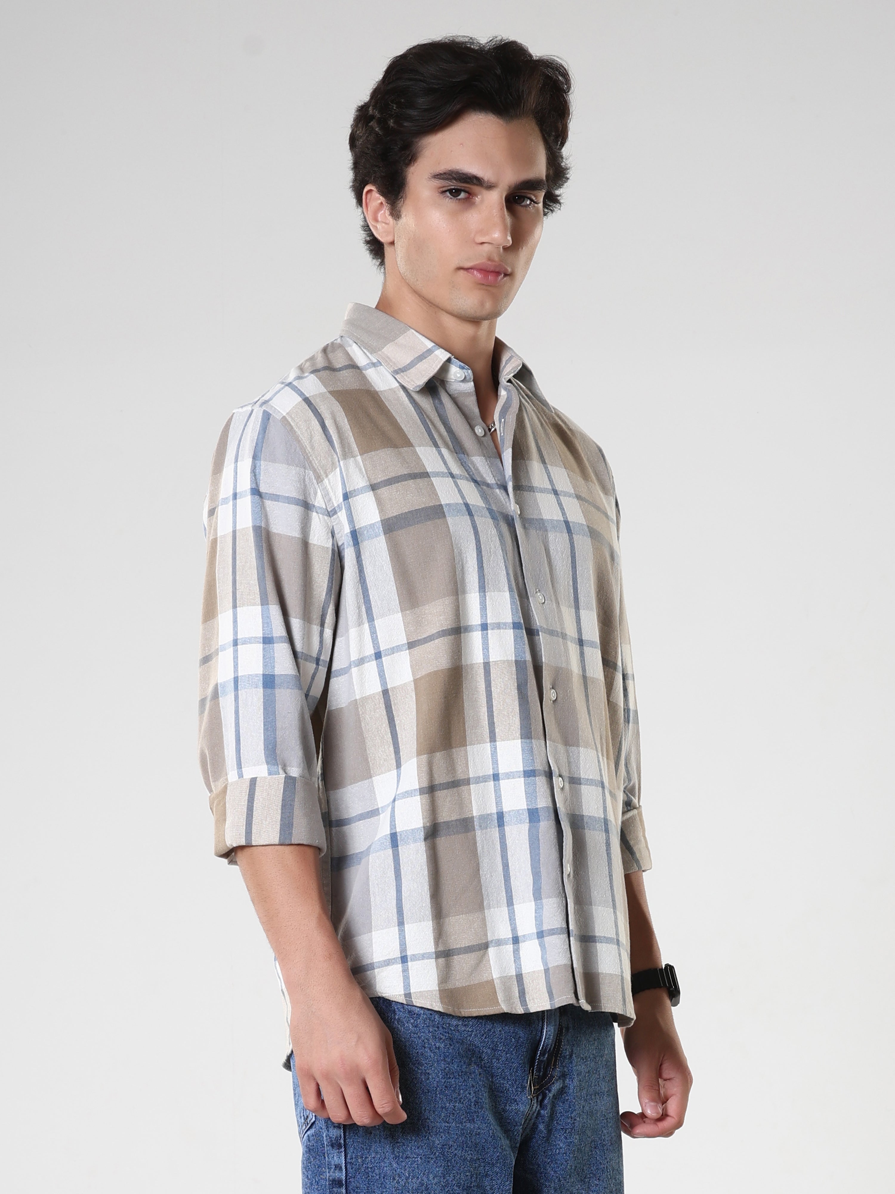 Men's casual brown and blue checkered cotton shirt with full sleeves, relaxed fit – paired with blue denim jeans