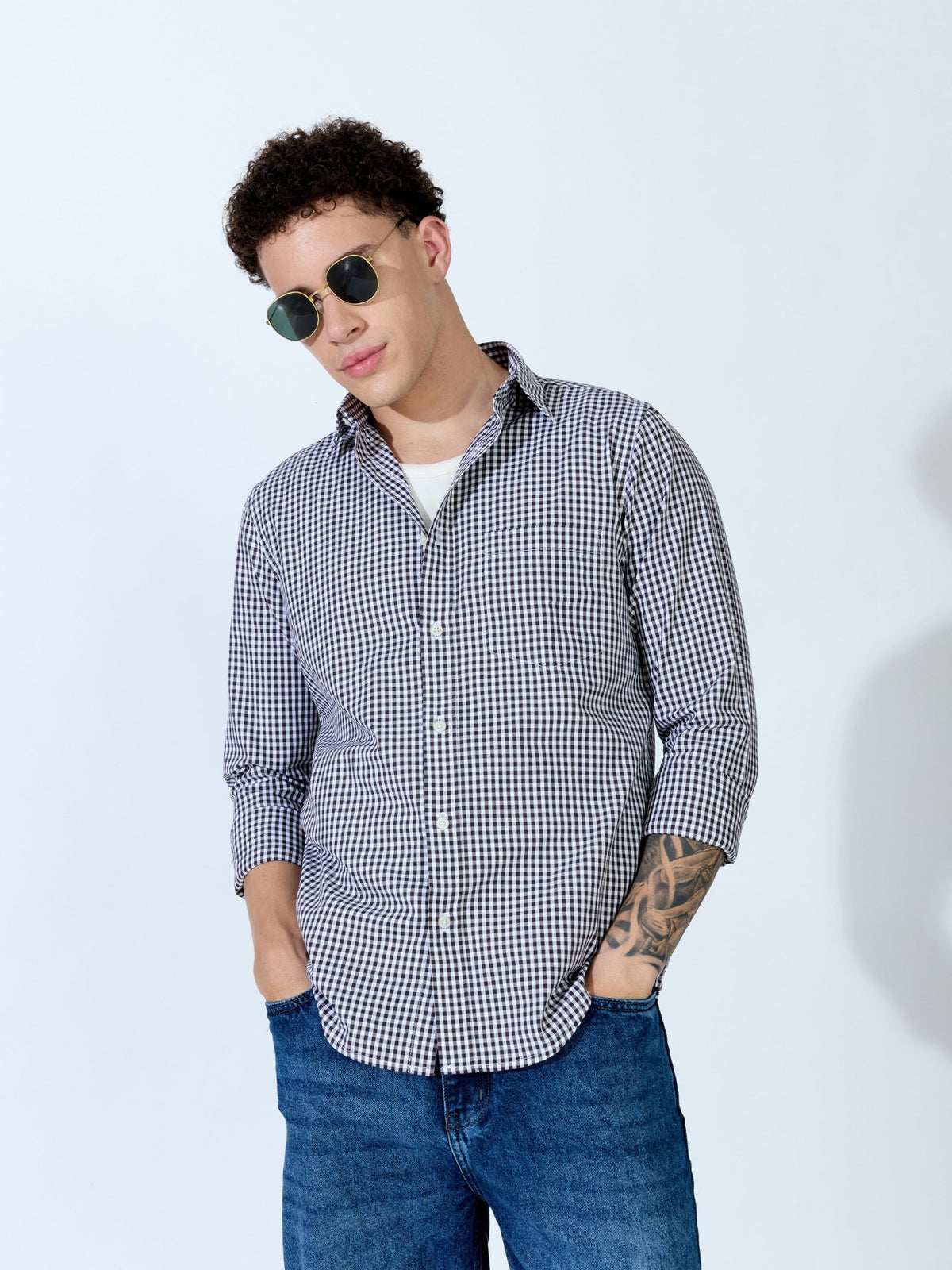 Sara - 100% Cotton Gingham Shirt - Dark Coffee - Espanshe