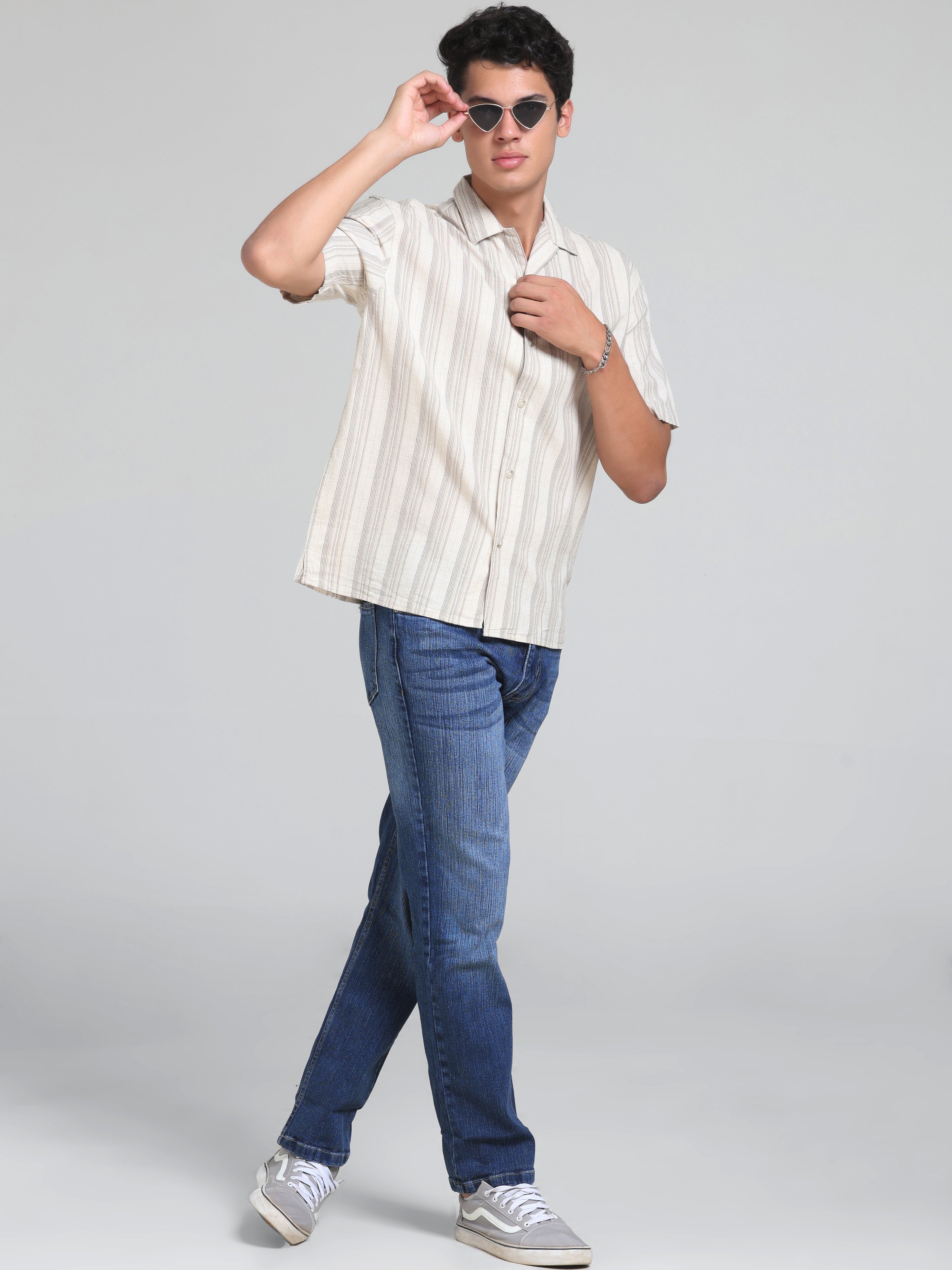 Harmon -Cuban Collar Striped Shirt - Beige