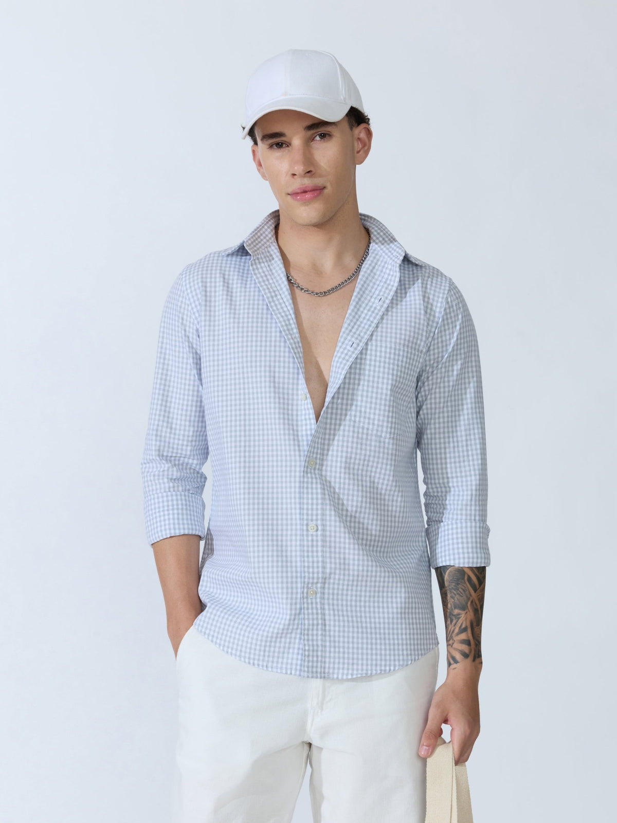 Sara - 100% Cotton Gingham Shirt - Light Grey - Espanshe