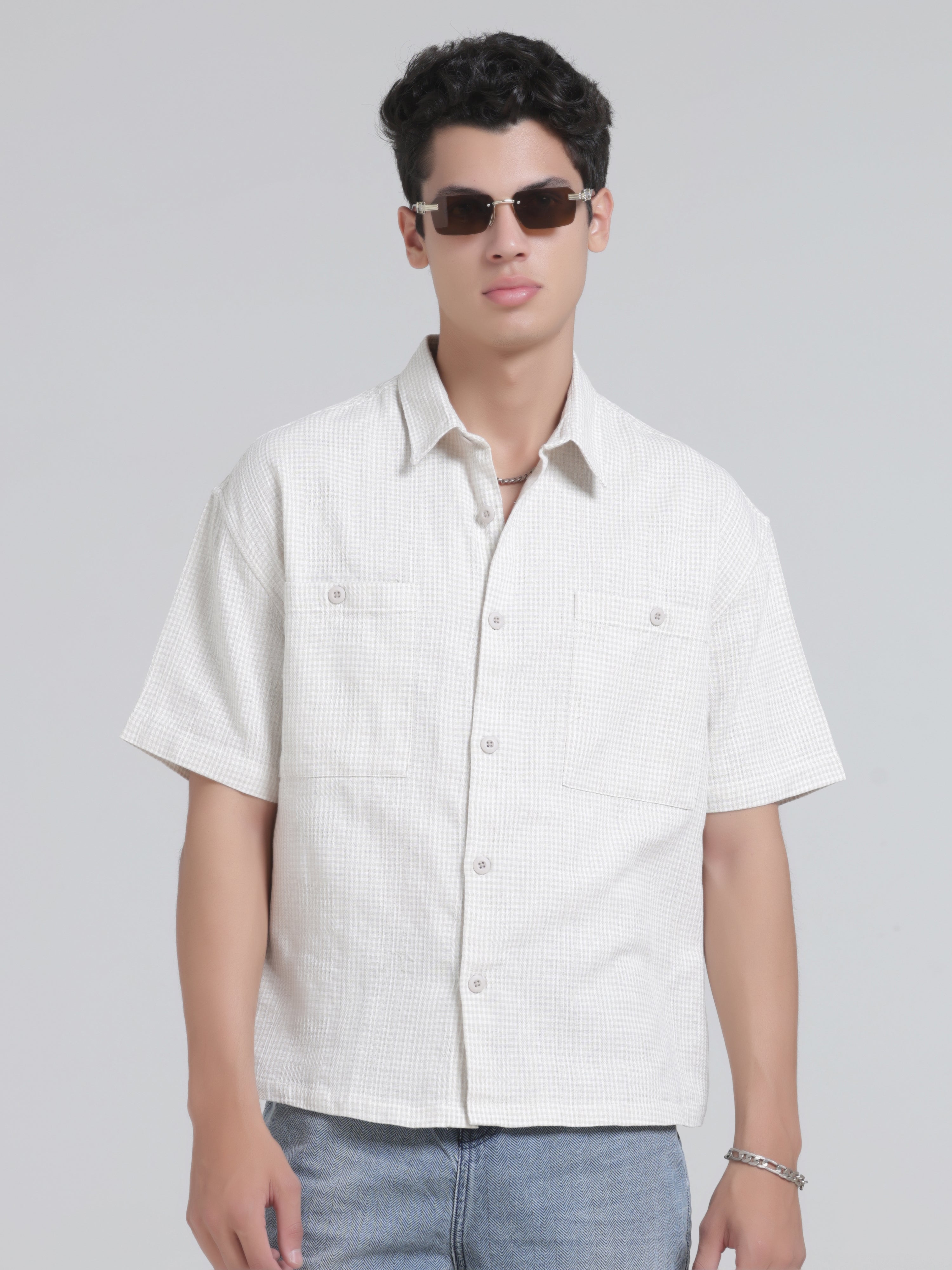 Michek Oversized Double Pocket Half Sleeve Shirt-  Off White