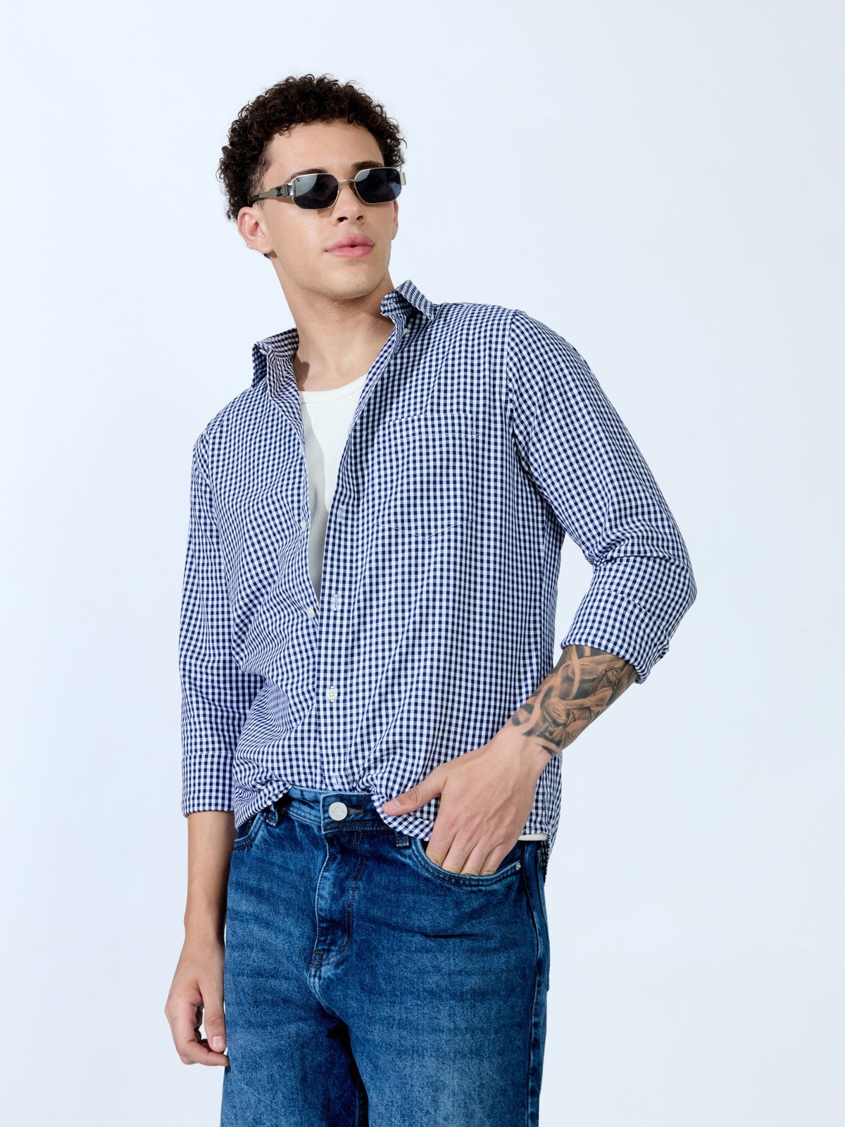 Sara - 100% Cotton Gingham Shirt - Dark Blue - Espanshe