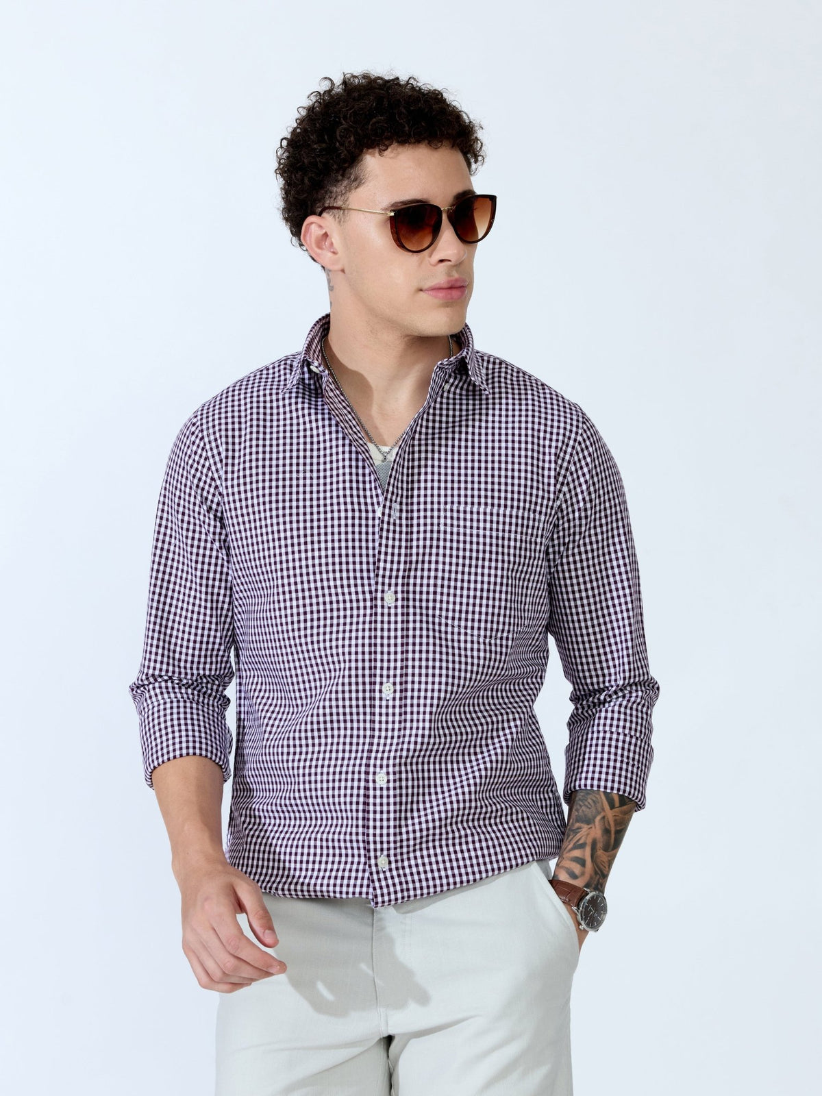 Sara - 100% Cotton Gingham Shirt - Wine - Espanshe