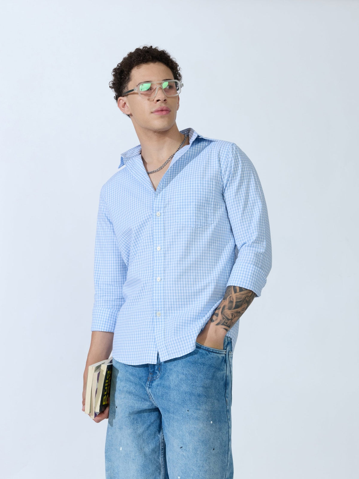 Sara - 100% Cotton Gingham Shirt - Light Blue - Espanshe