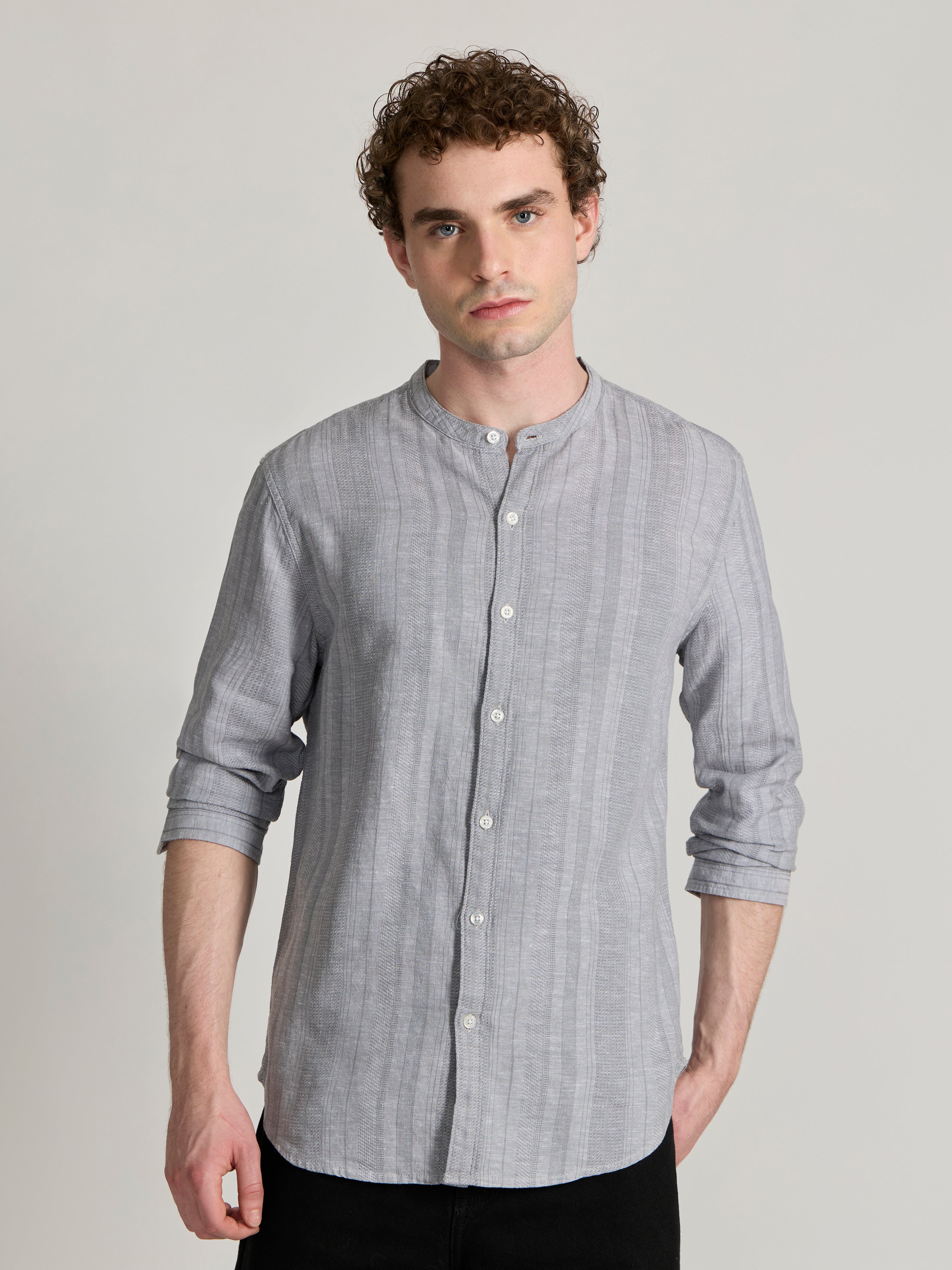 Salvator - Band Collar Striped Shirt - Gray – Espanshe