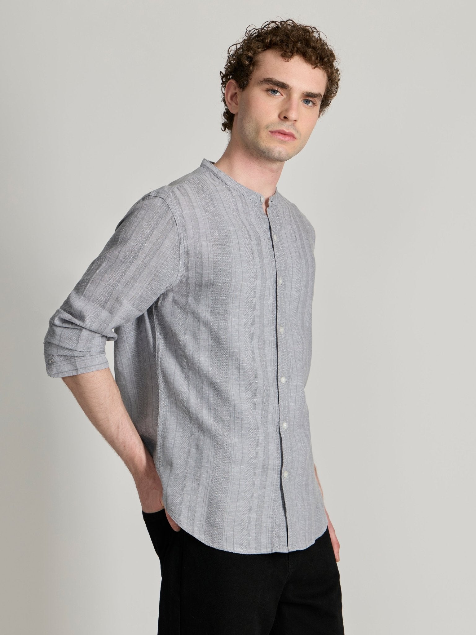 Salvator - Band Collar Striped Shirt - Grey - Espanshe