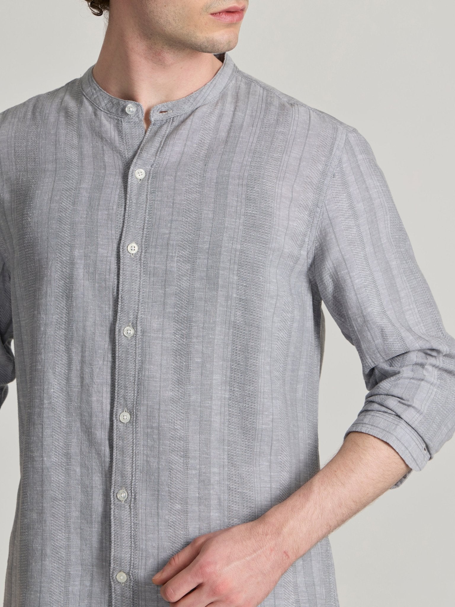 Salvator - Band Collar Striped Shirt - Grey - Espanshe