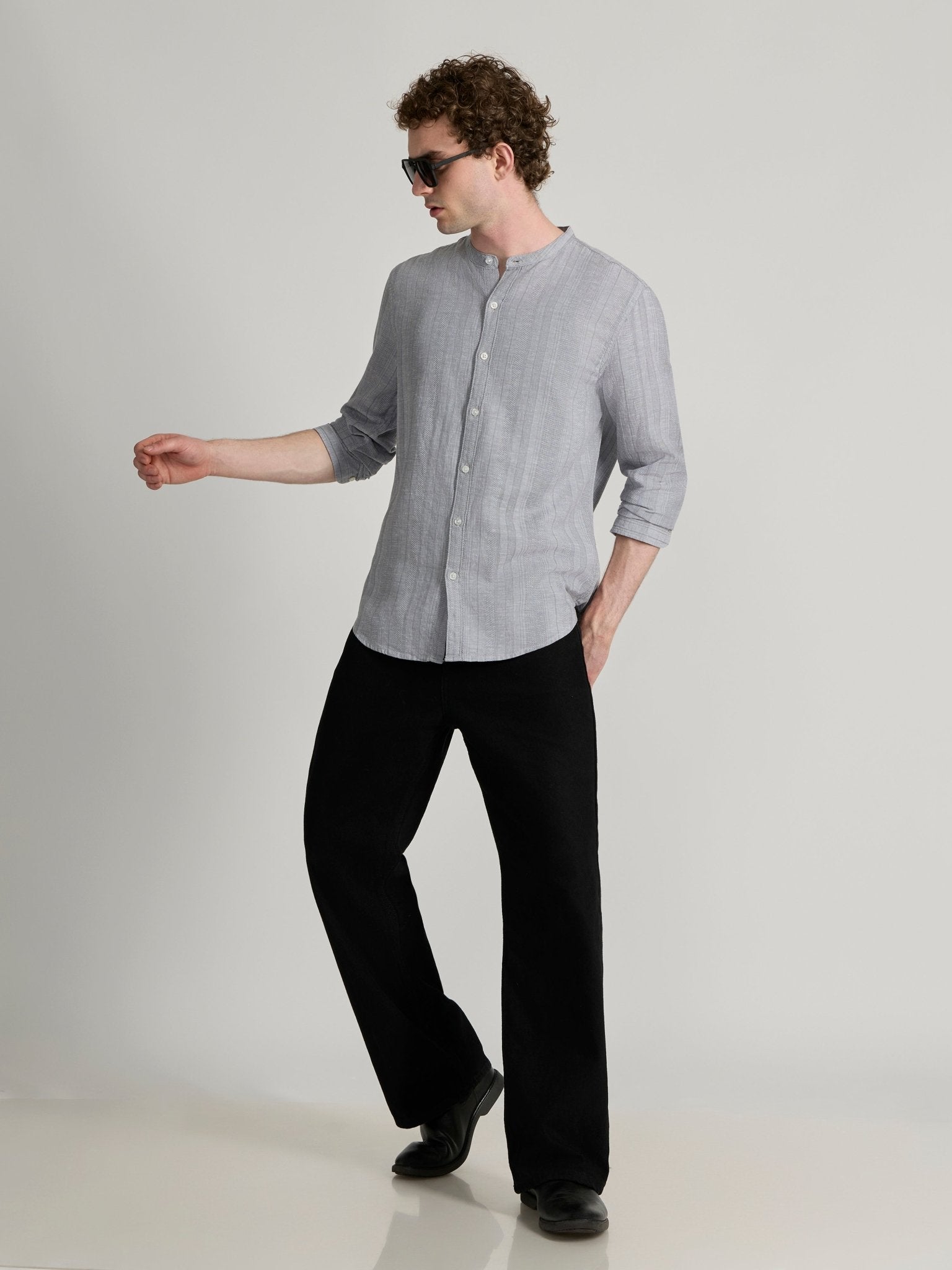 Salvator - Band Collar Striped Shirt - Grey - Espanshe
