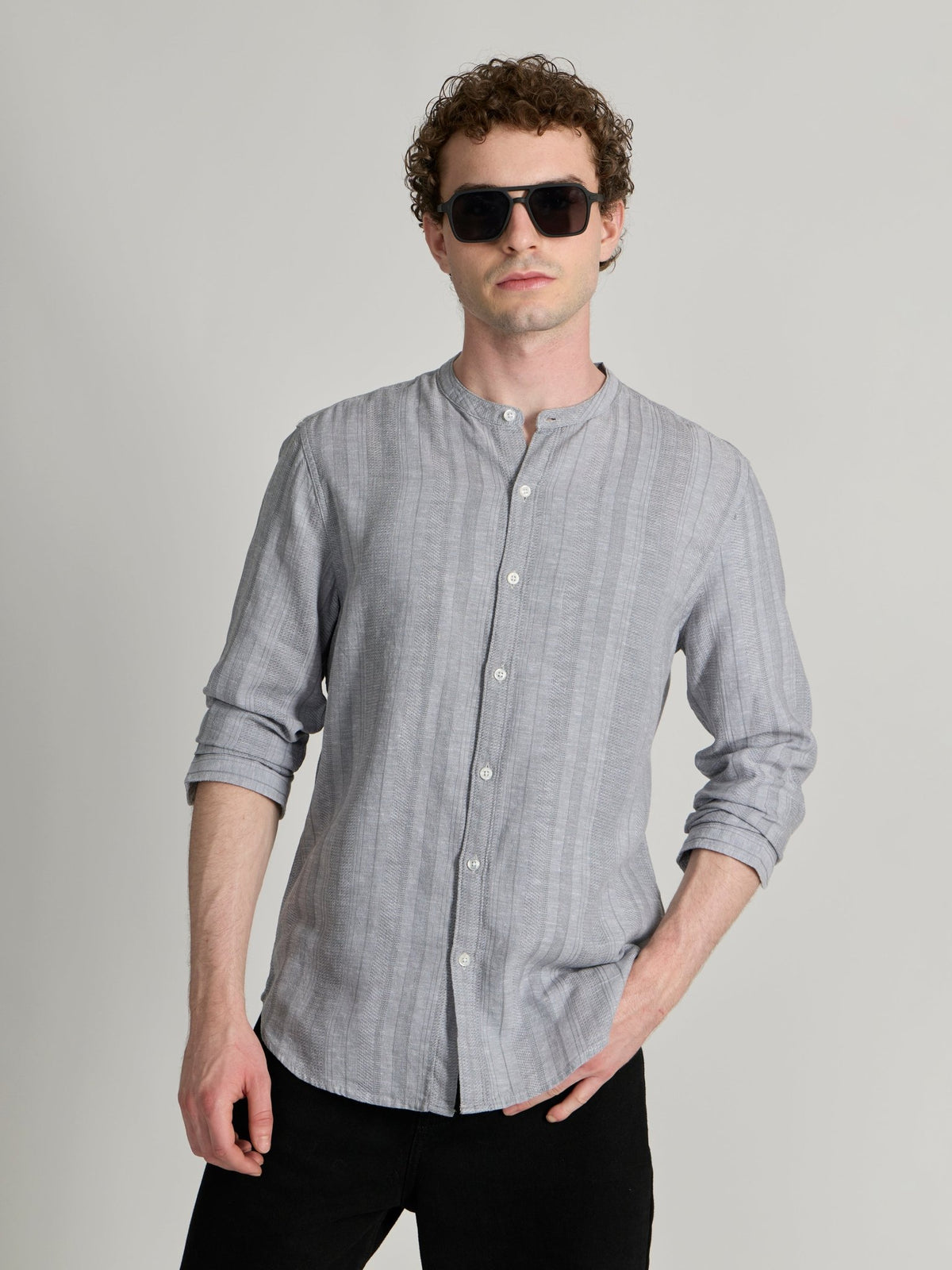 Salvator - Band Collar Striped Shirt - Grey - Espanshe