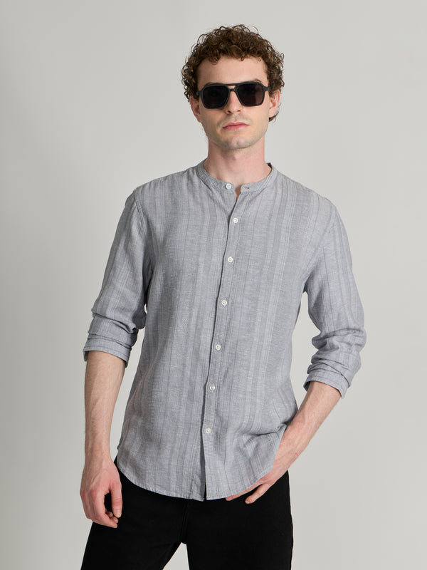 Salvator - Band Collar Striped Shirt - Gray
