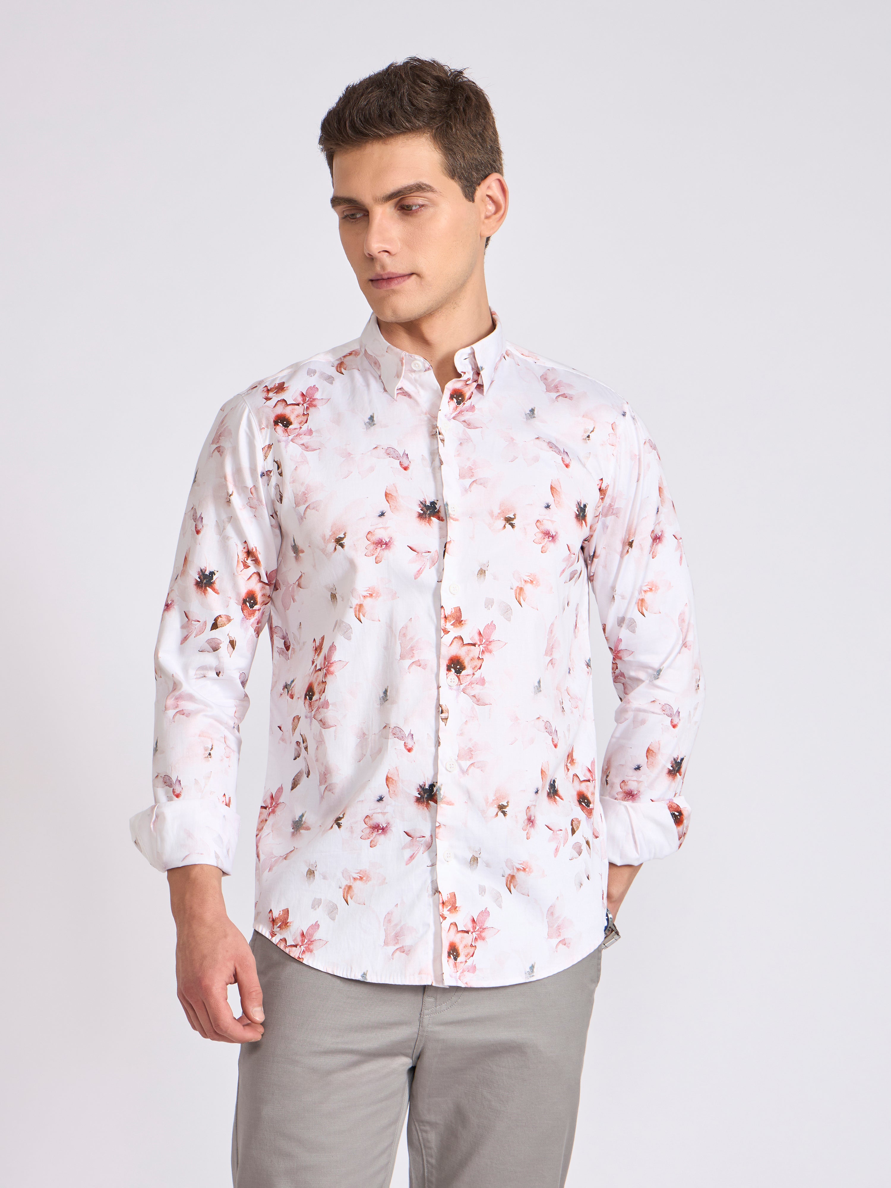 Men's Satin Floral Printed Shirt in  Soft Brown
