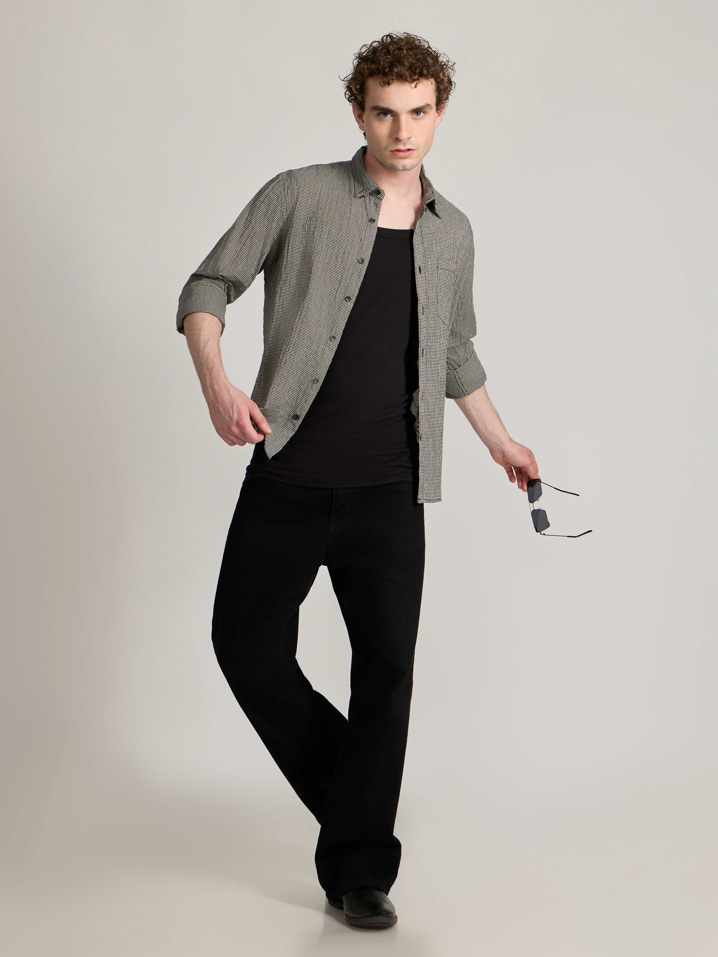 Men's Crinkled Checked Shirt in black and beige