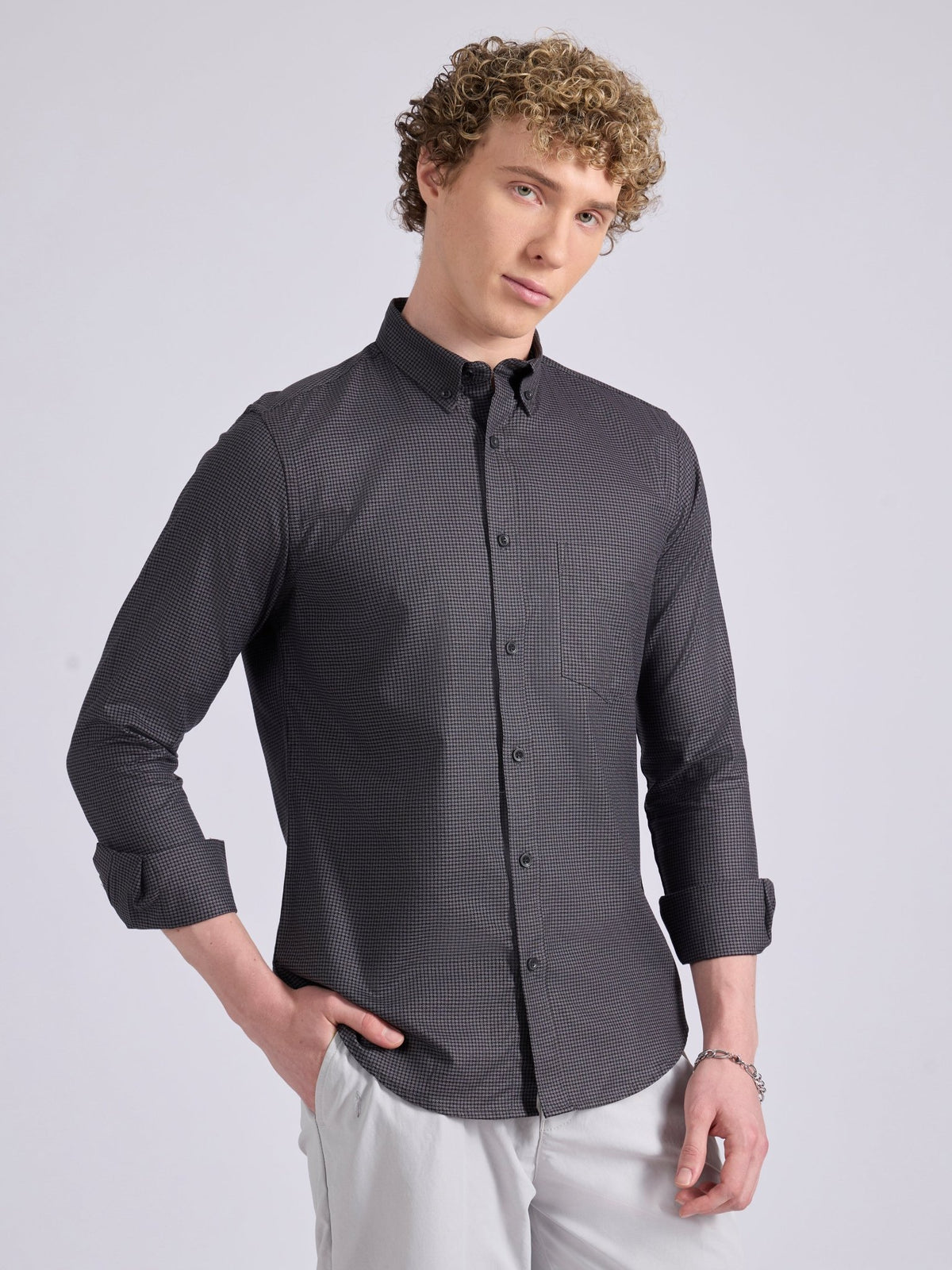Quint - Micro Houndstooth Shirt - Dark Heather Grey - Espanshe
