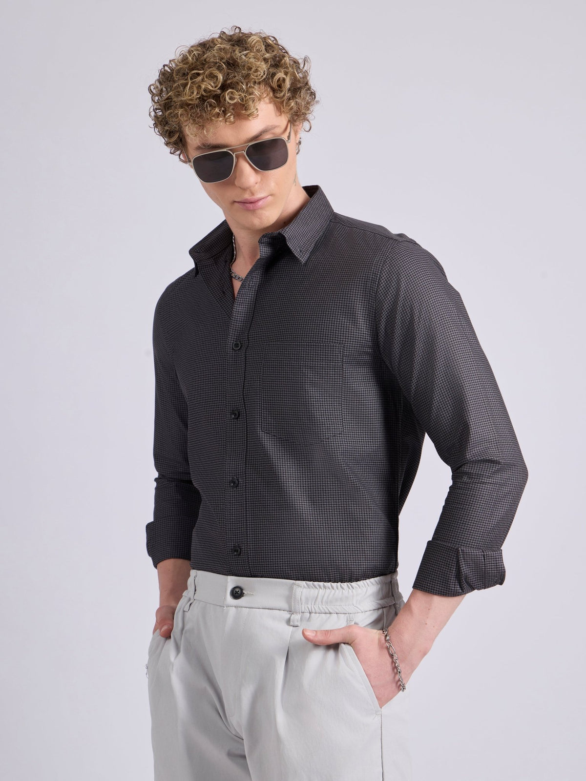 Quint - Micro Houndstooth Shirt - Dark Heather Grey - Espanshe