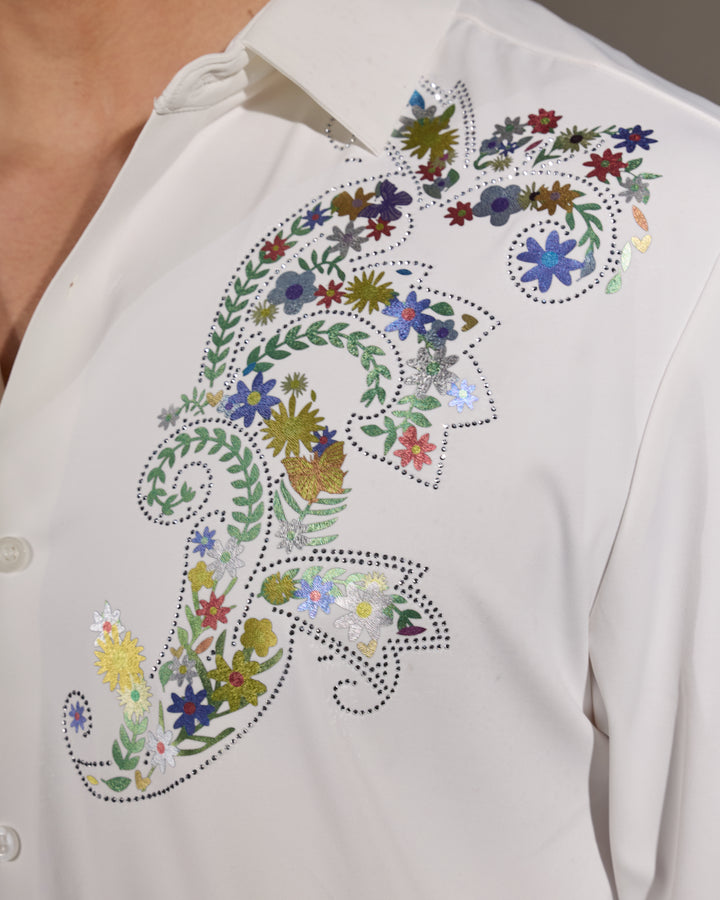 men's shirt-  Floral Design Embellished Shirt - White