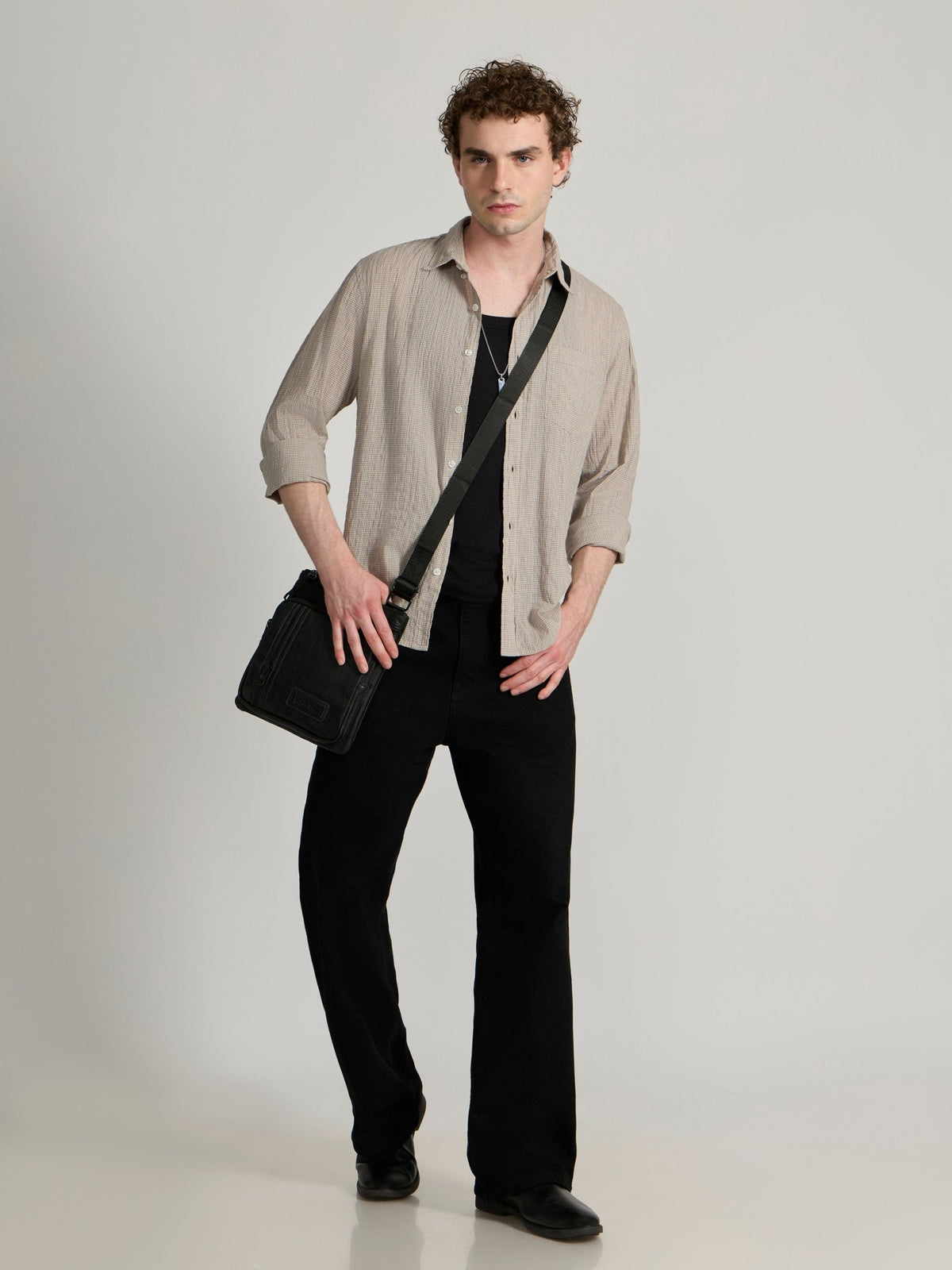 Dashiell - Crinkled Checked Shirt - Light Beige - Espanshe