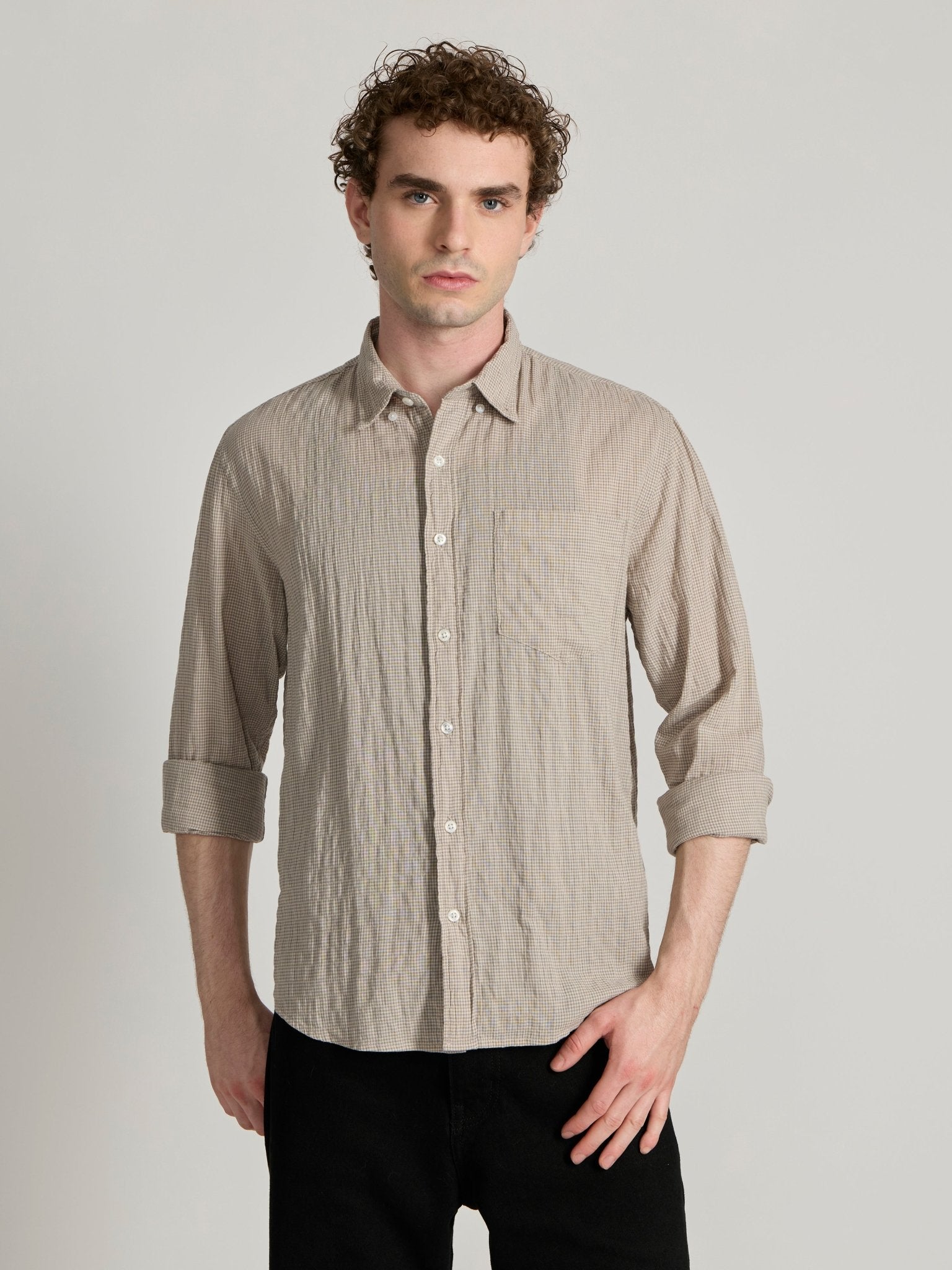 Dashiell - Crinkled Checked Shirt - Light Beige - Espanshe