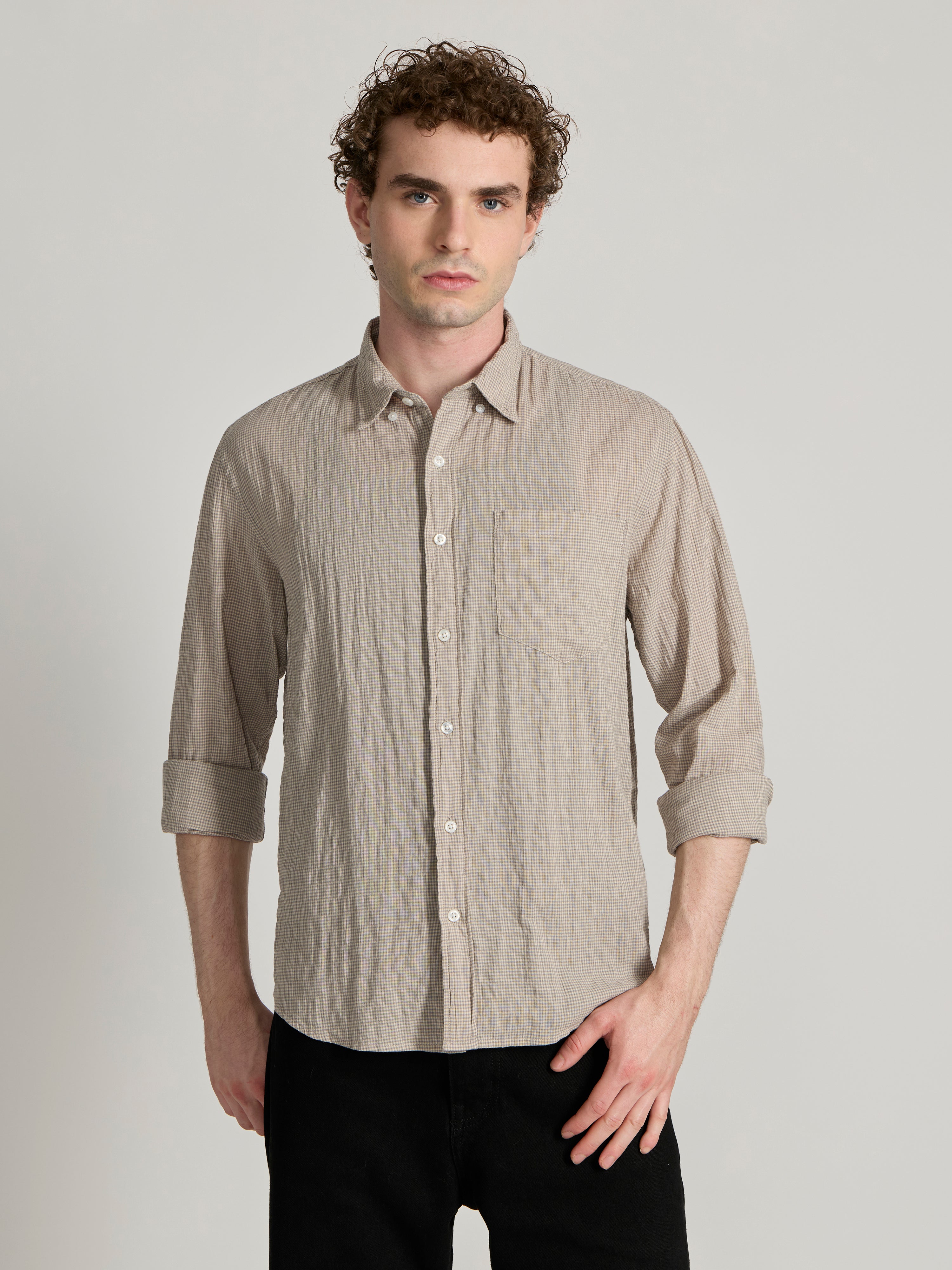 Men's Crinkled Checked Shirt in Light Beige