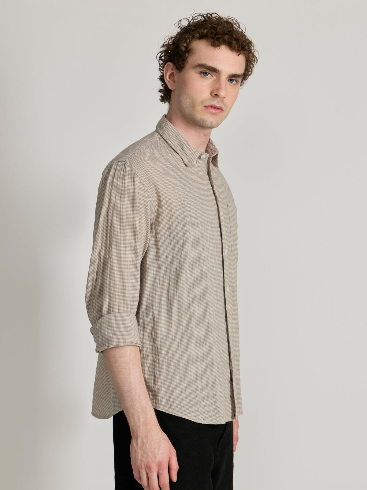 Dashiell - Crinkled Checked Shirt - Light Beige - Espanshe