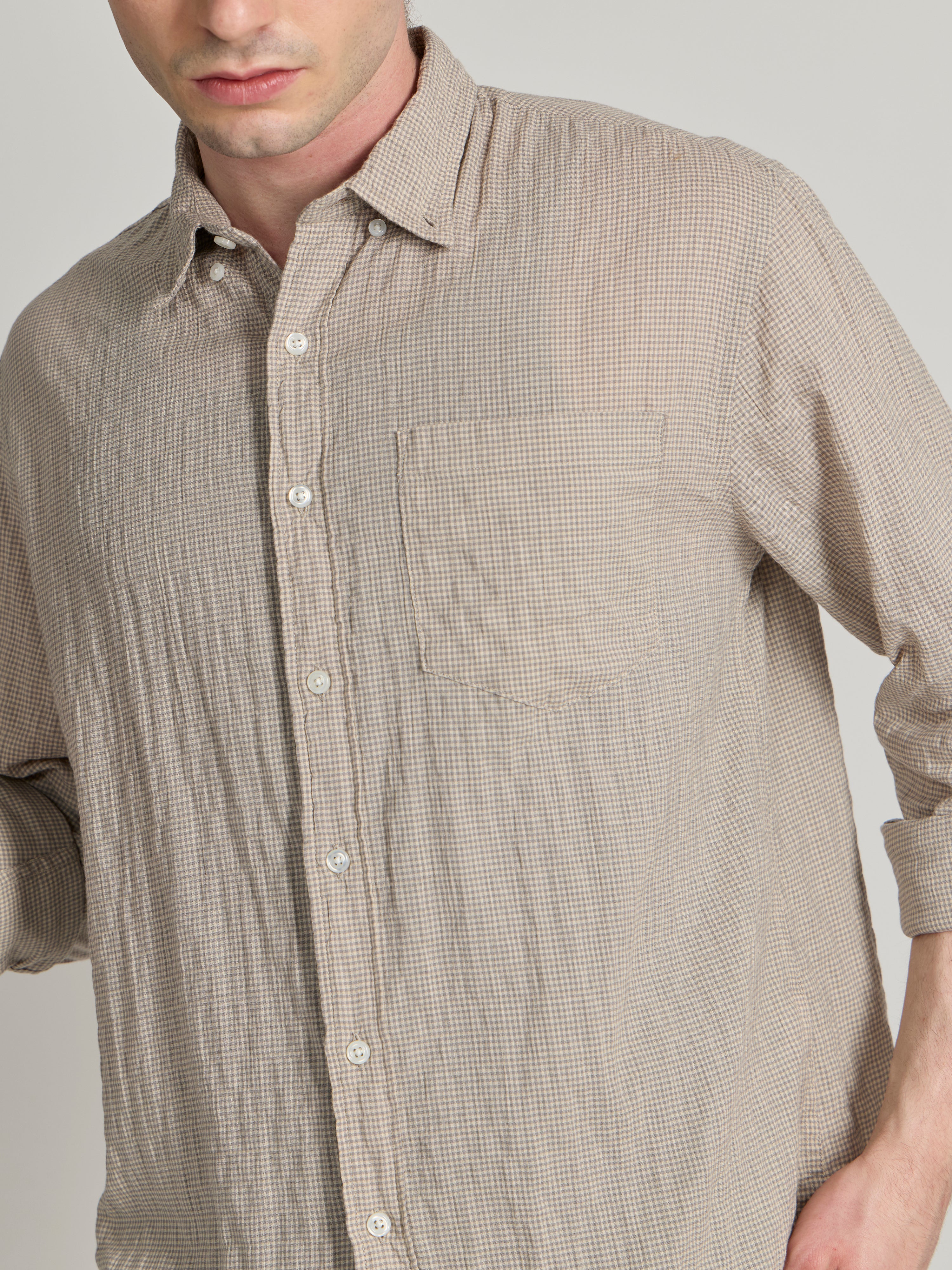 Men's Crinkled Checked Shirt in Light Beige