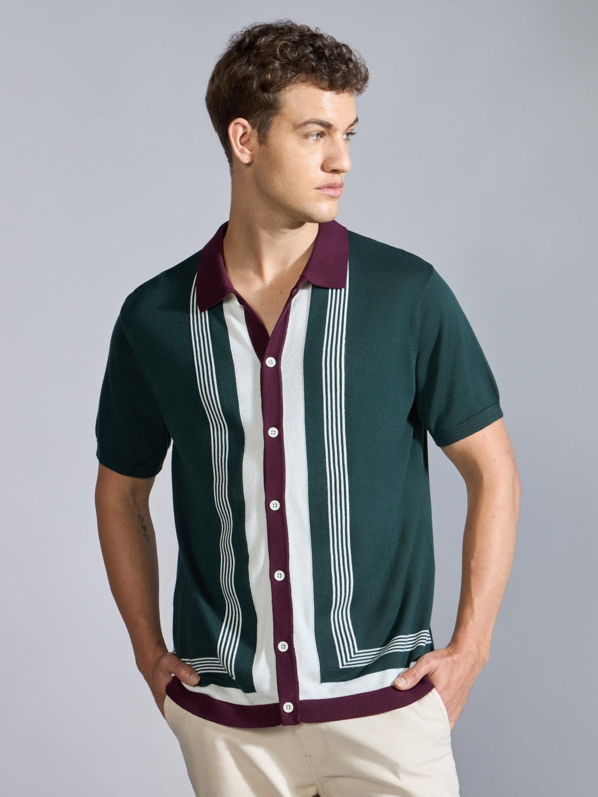 Kikeos-7 - Regular Fit Dual-Tone Retro Stripe Design Knit Polo Shirt - Green - Espanshe