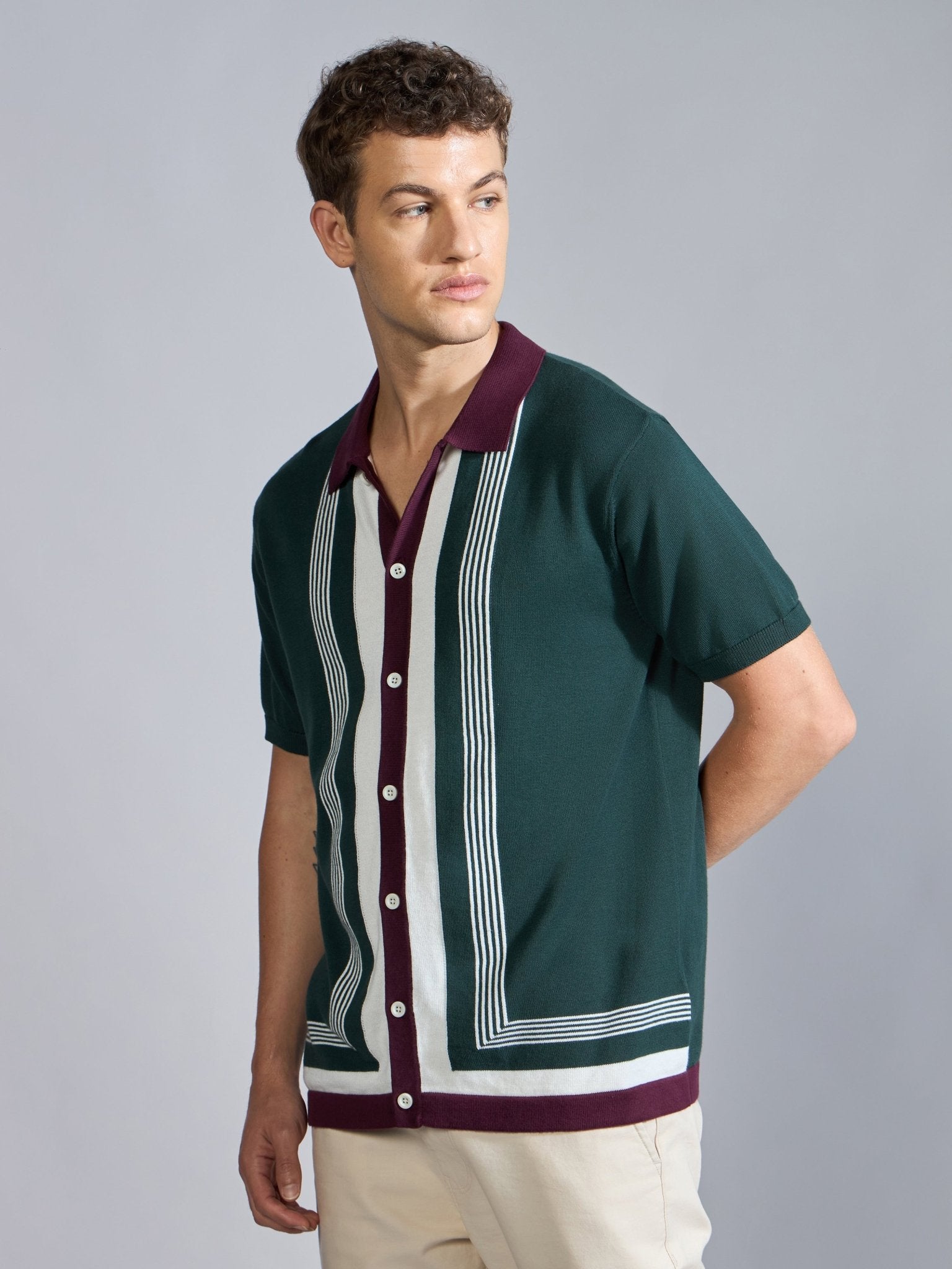 Kikeos-7 - Regular Fit Dual-Tone Retro Stripe Design Knit Polo Shirt - Green - Espanshe