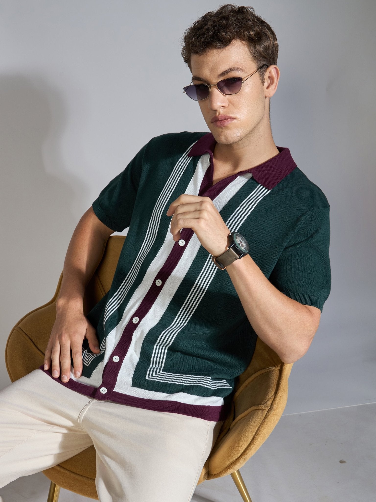 Kikeos-7 - Regular Fit Dual-Tone Retro Stripe Design Knit Polo Shirt - Green - Espanshe