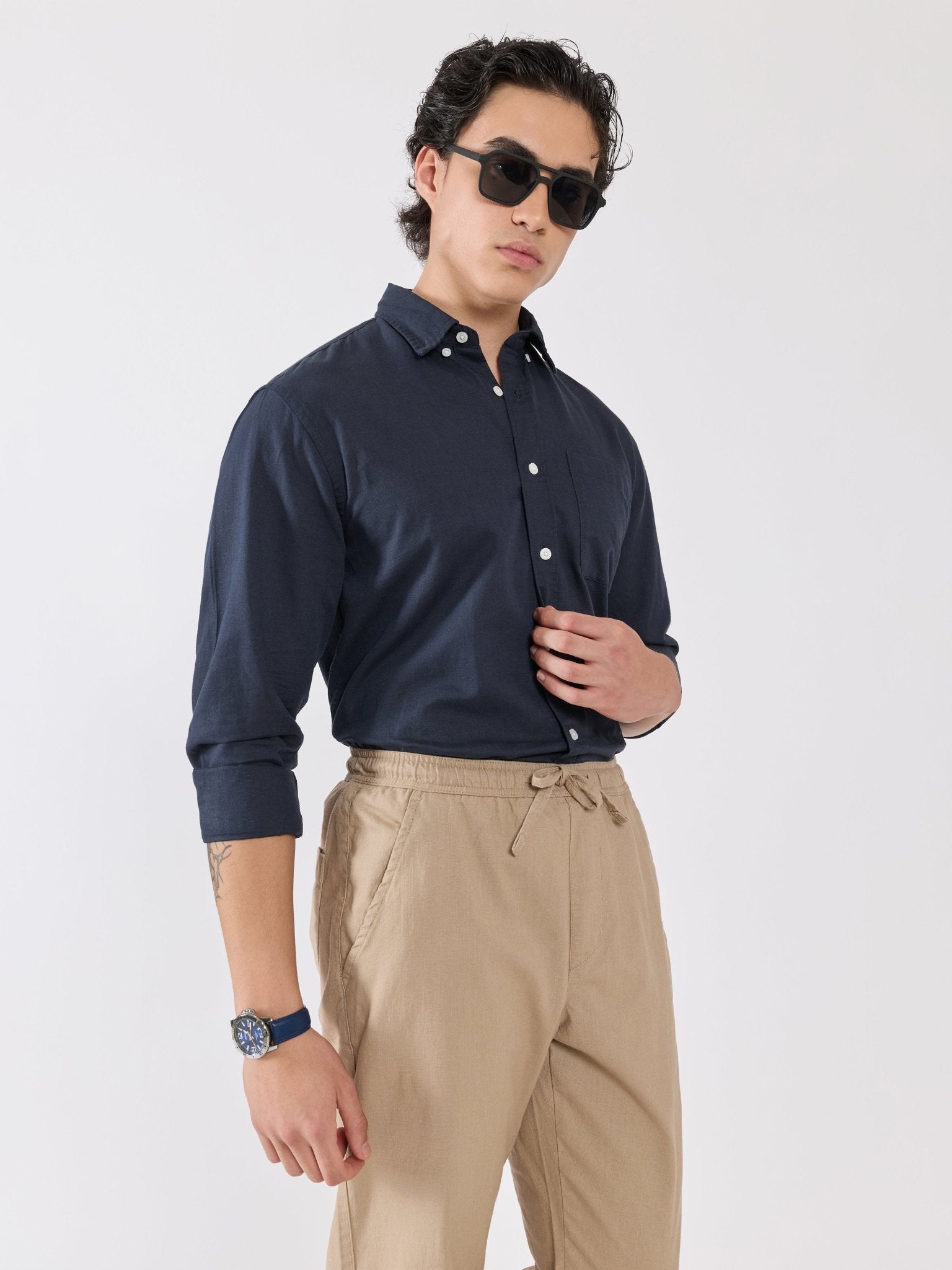Taloko - Relaxed Linen Shirt - Navy Blue - Espanshe
