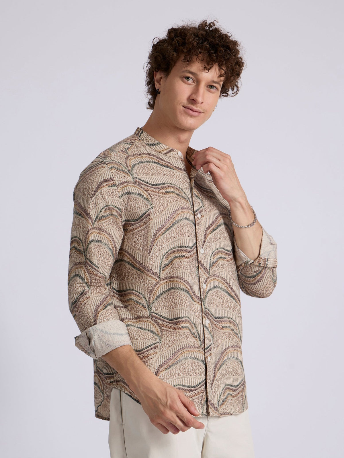 Moritz - Band Collar Printed Shirt - Forest Green - Espanshe