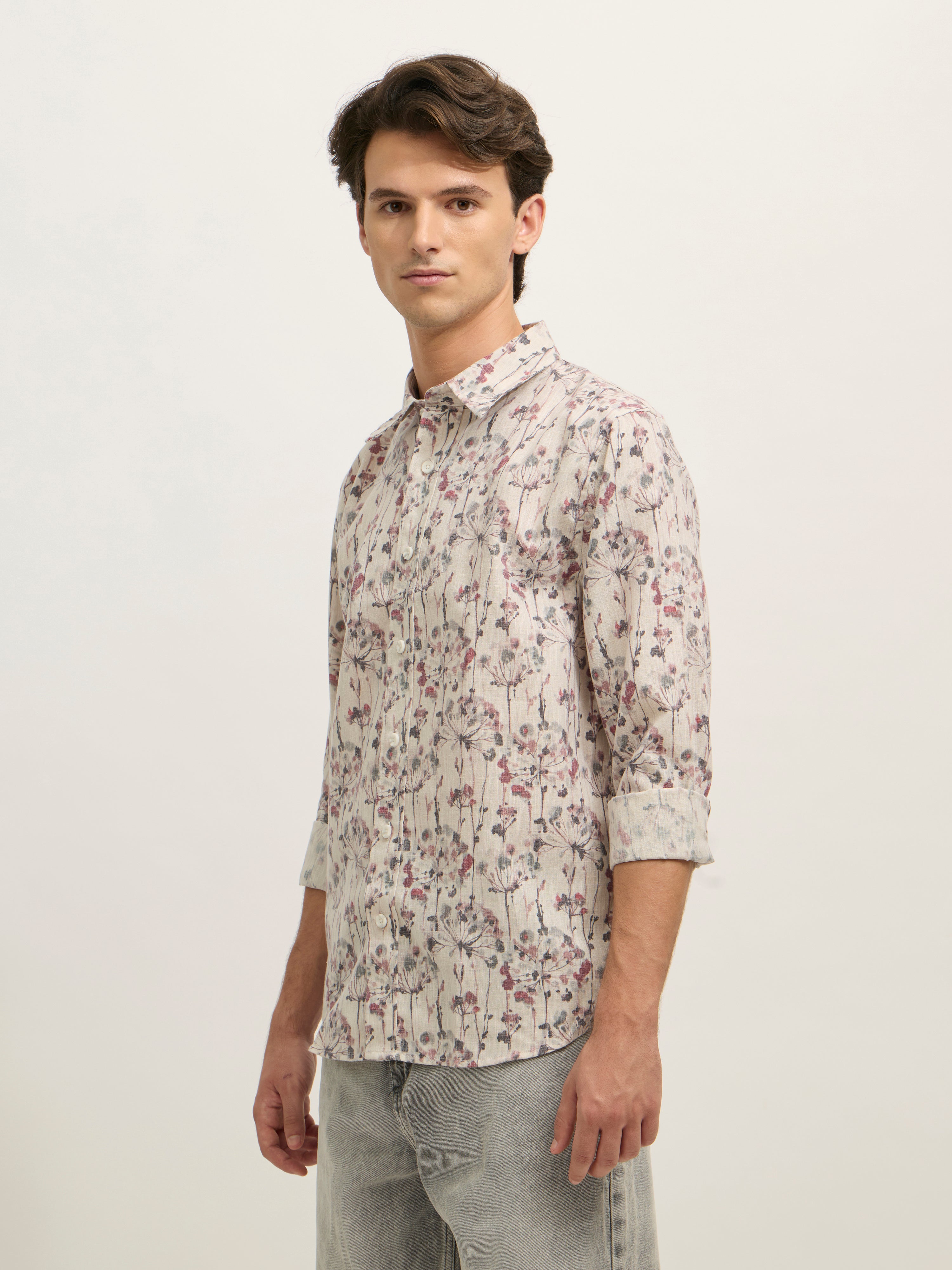 Westley - Regular Floral Printed Shirt - Pink Grey