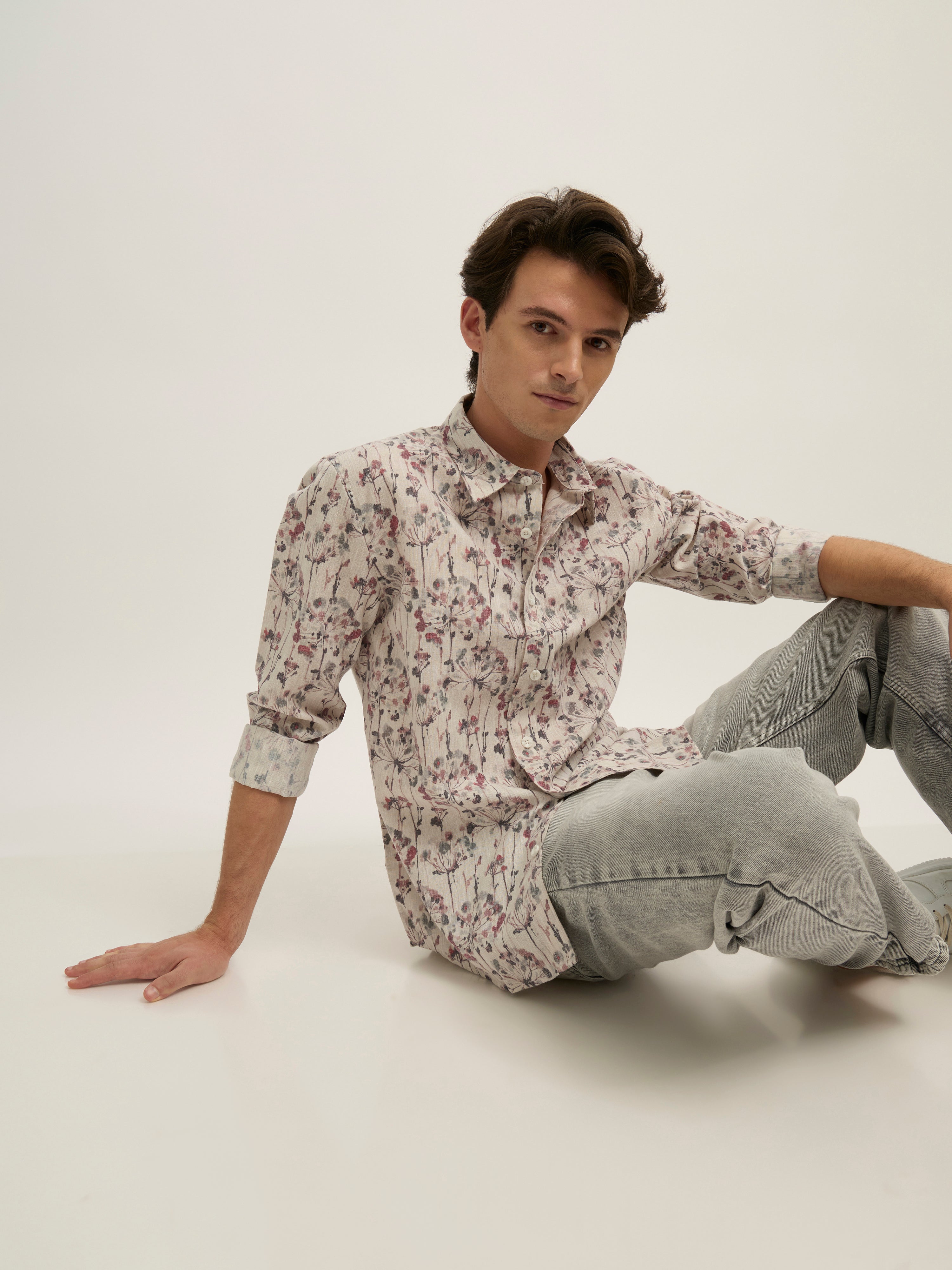 Westley - Regular Floral Printed Shirt - Pink Grey