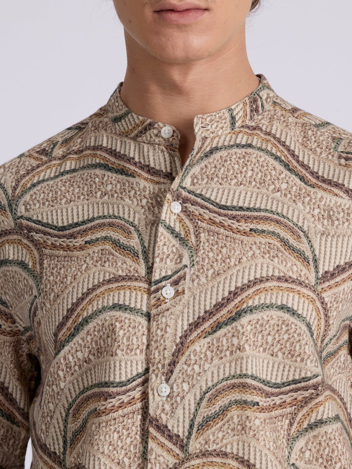 Moritz - Band Collar Printed Shirt - Forest Green - Espanshe