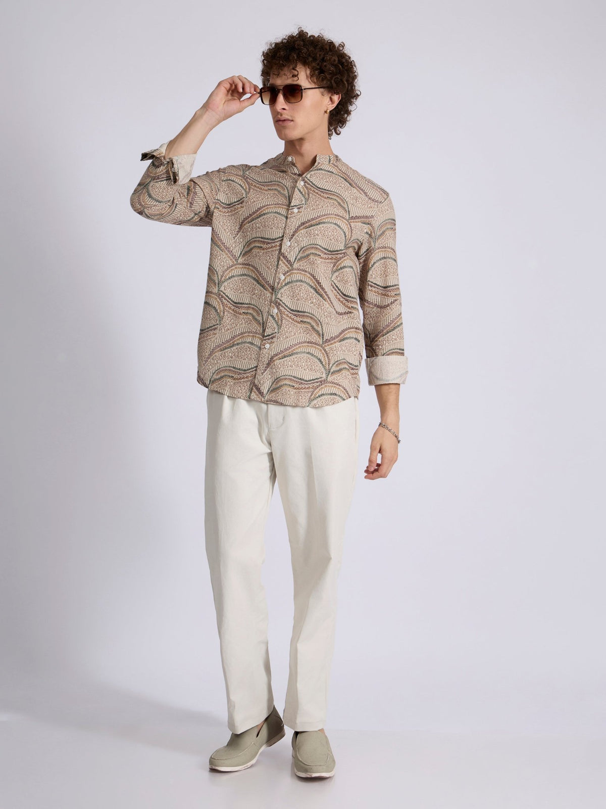 Moritz - Band Collar Printed Shirt - Forest Green - Espanshe