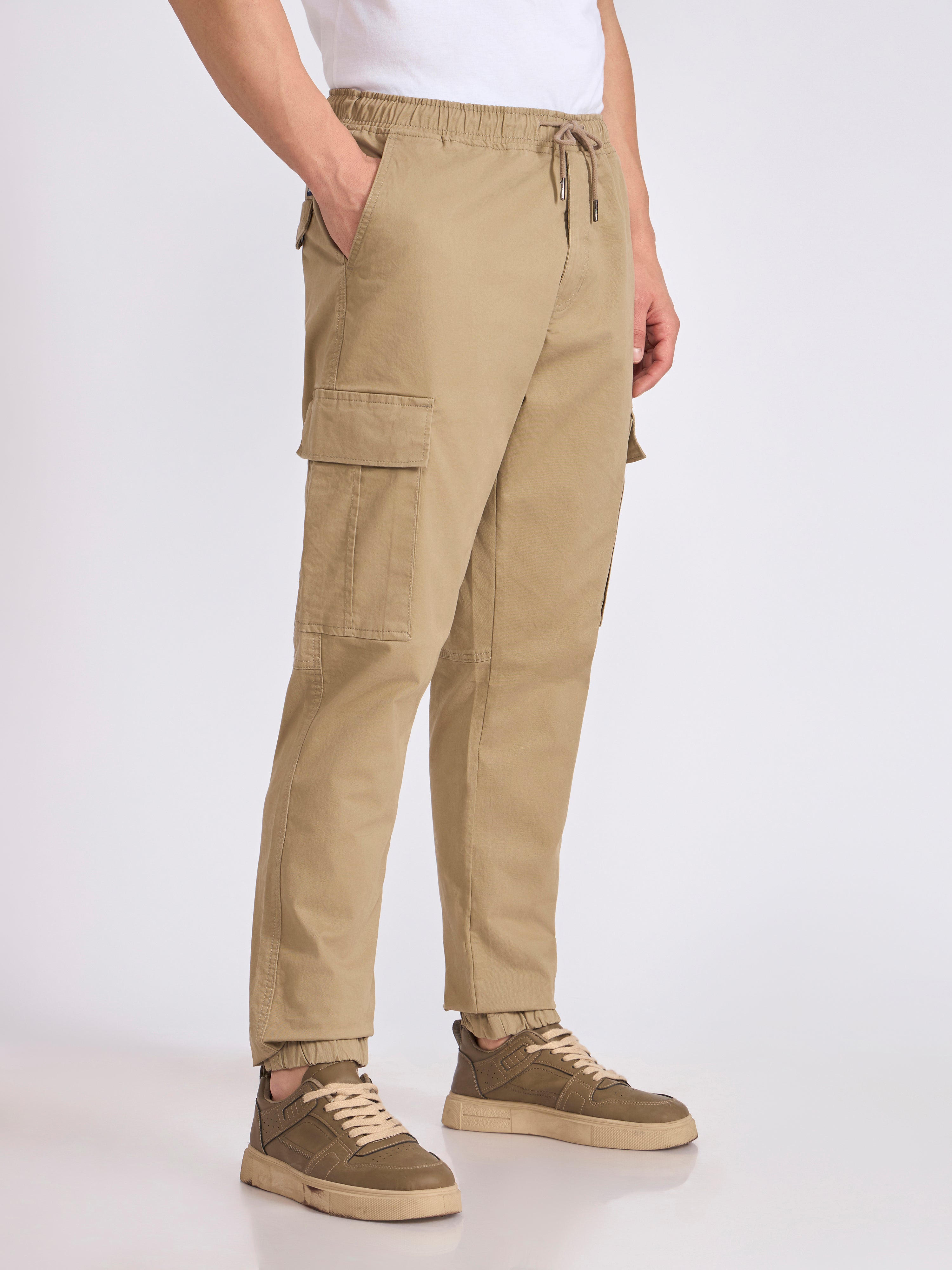 Men's jogger pant in tan with elasticated drawstring