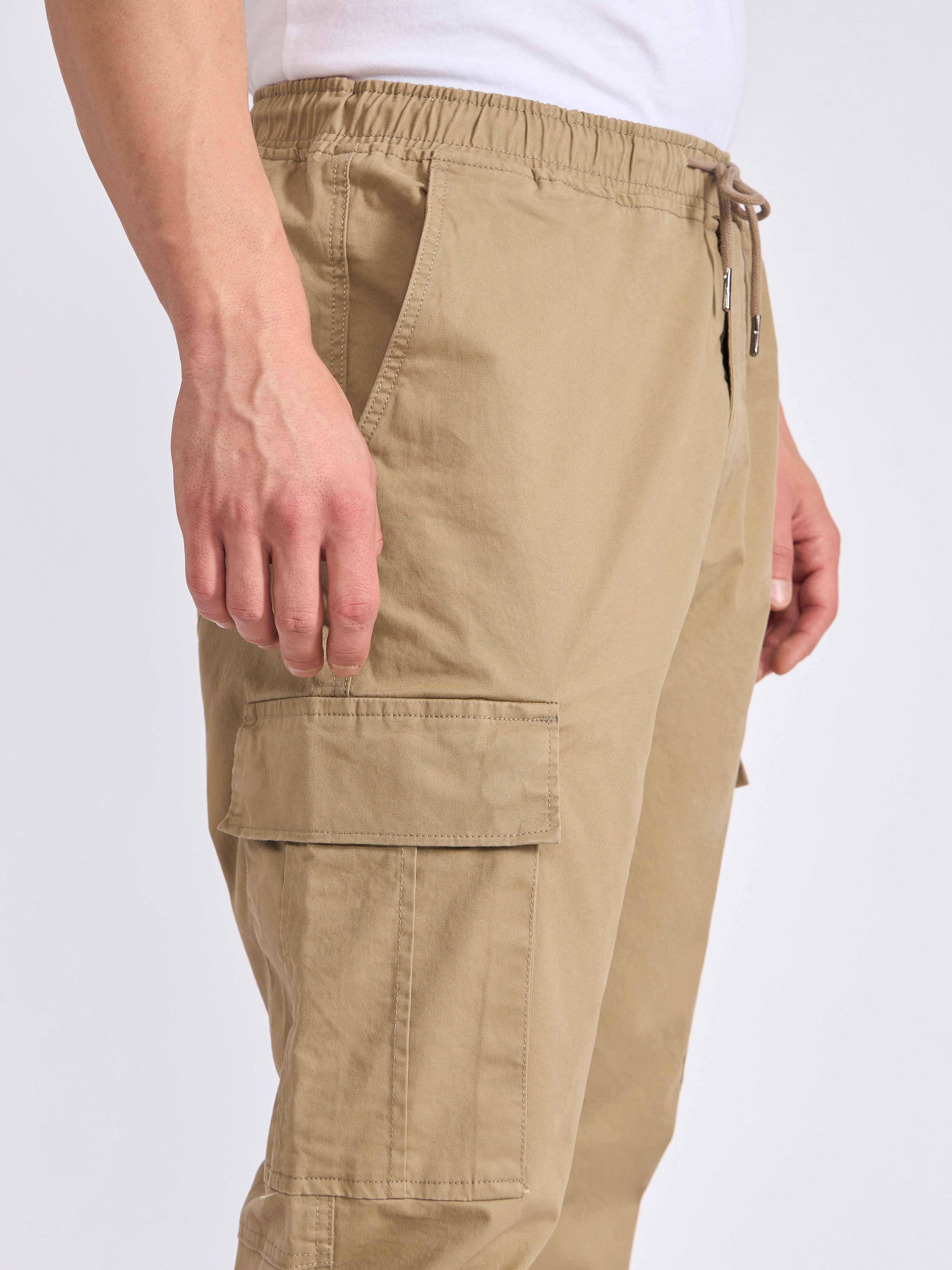 Men's jogger pant in tan with elasticated drawstring